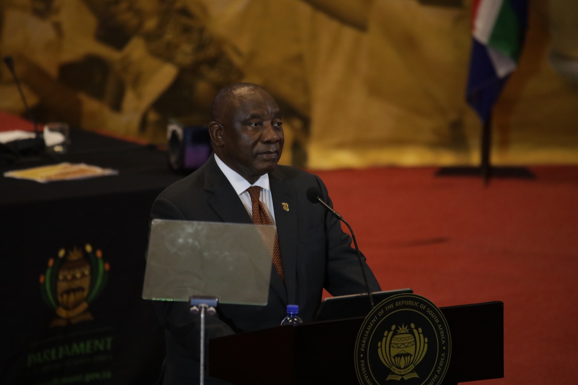 Cyril Ramaphosa delivers his annual address during the state of the nation ceremony at City Hall in Cape Town, on Feb. 9. 