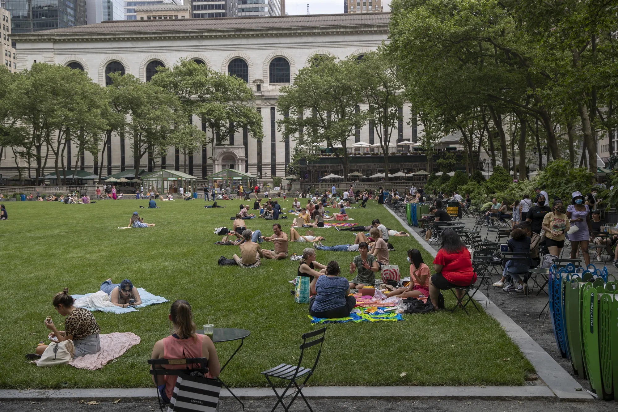 People gather at Bryant Park in New York on&nbsp;May 22.