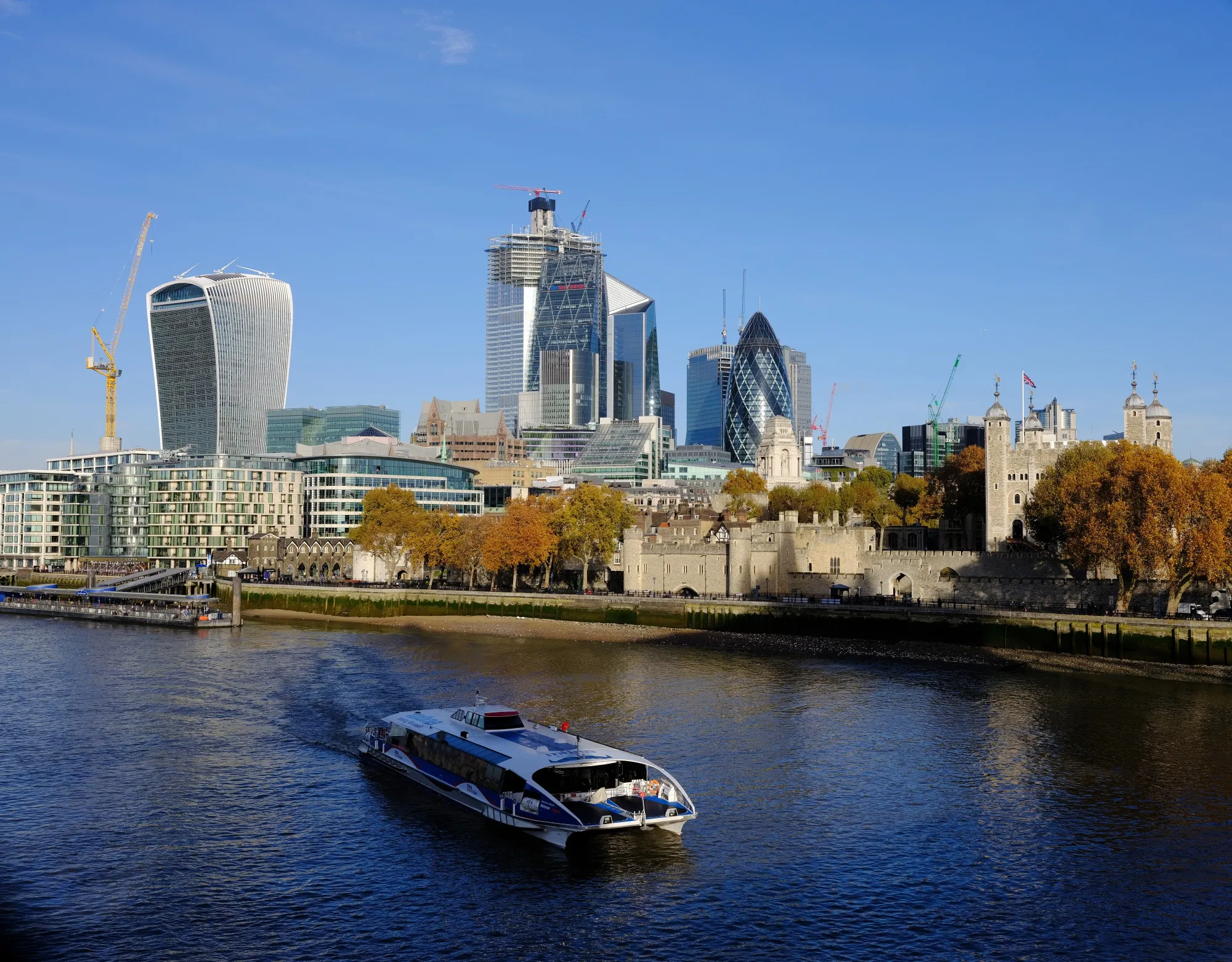 Buildings stand beside the River Thames in&nbsp;London.