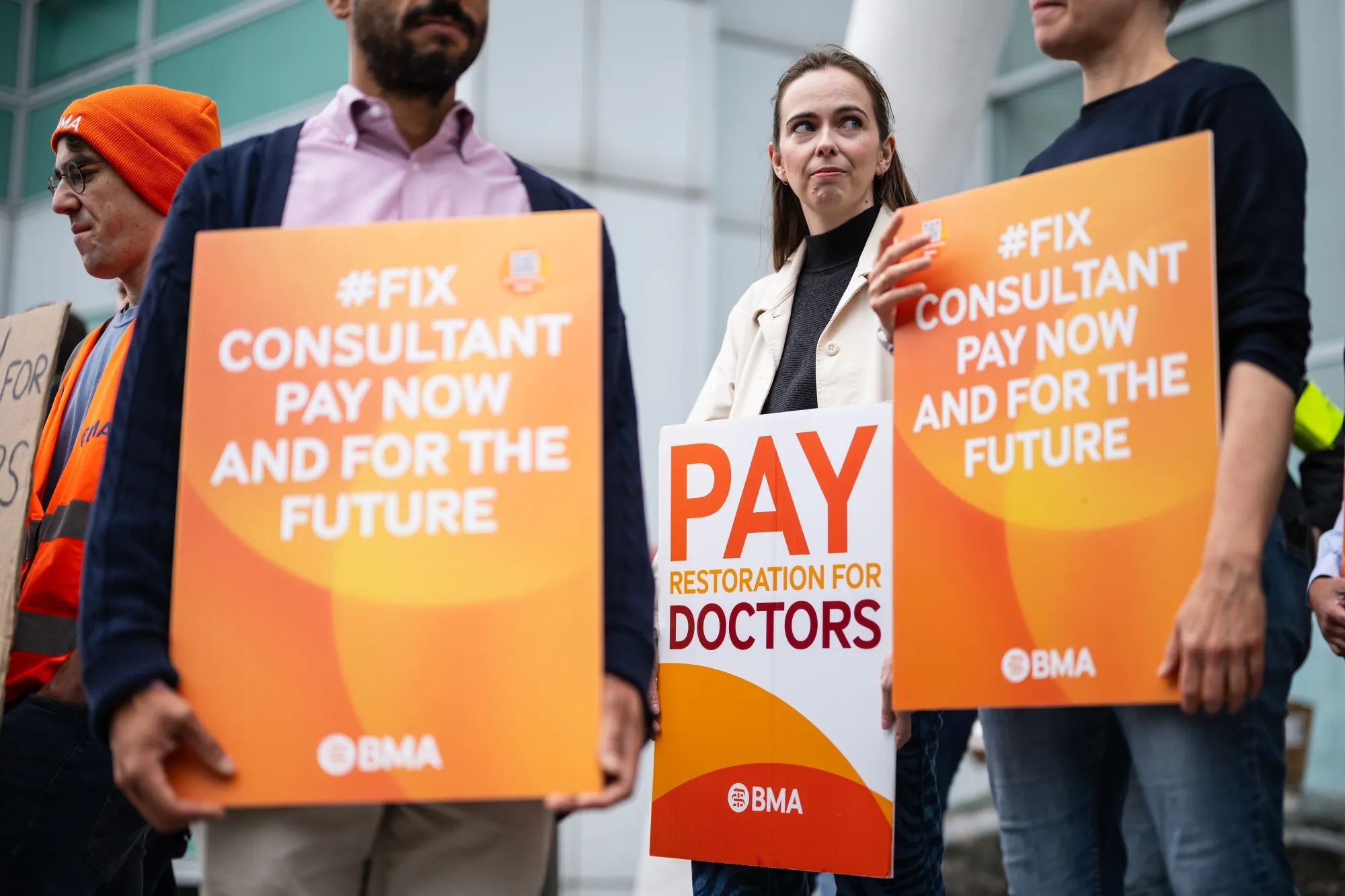 Consultants and junior doctors on strike outside University College Hospital in London in October.