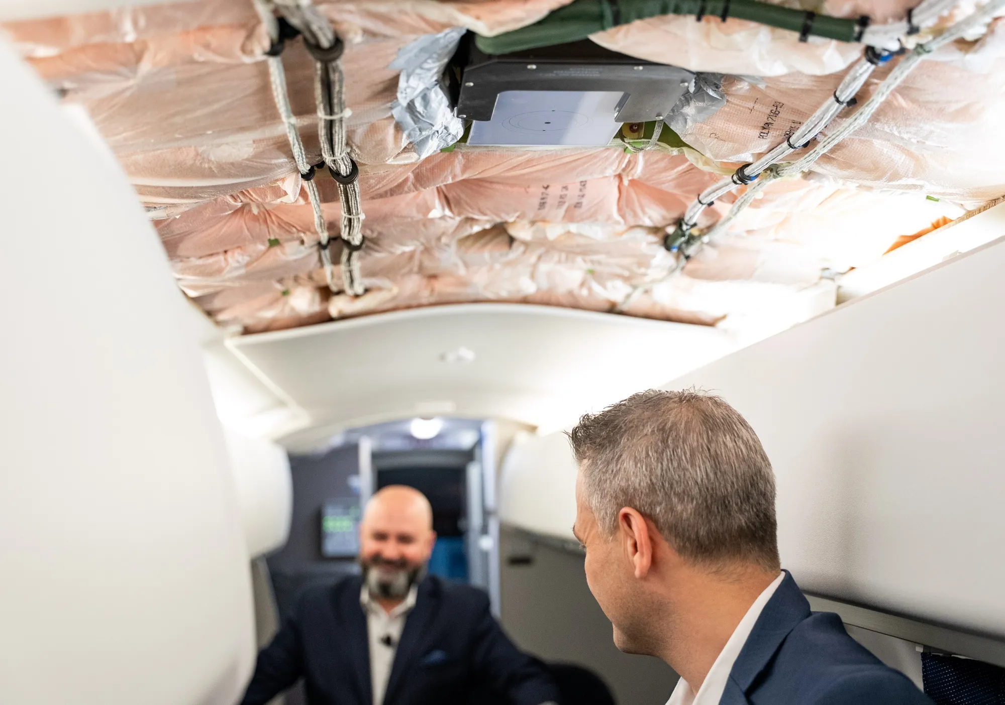 A Starlink terminal installed in the ceiling of an Embraer SA E175 during a media preview at Nashville International Airport (BNA) in Nashville.