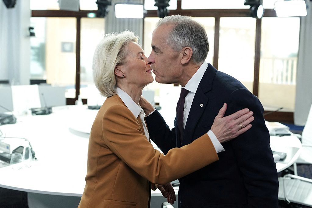 Canada's Prime Minister Mark Carney (R) is welcomed by European Commission President Ursula von der Leyen prior to a working session at the G7 summit in Evian-les-Bains, central-eastern France on June 16, 2026. (Photo by Thibault Camus / POOL / AFP via Getty Images)