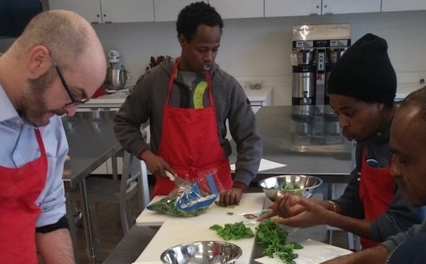 Meal prep underway during one of the Edible Alphabet classes at the Culinary Literacy Center.