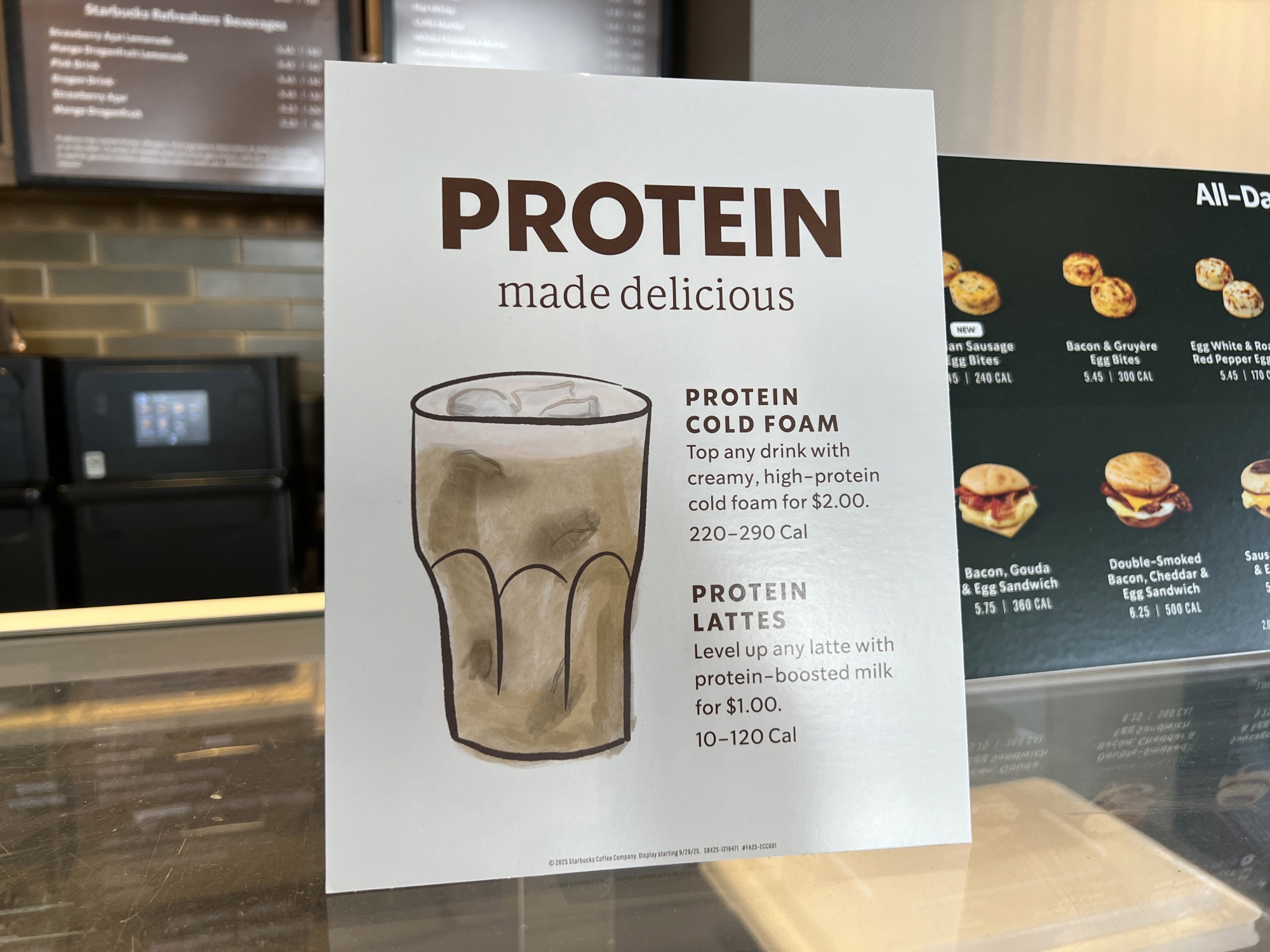 Starbucks advertises protein drinks at a cafe in Walnut Creek.