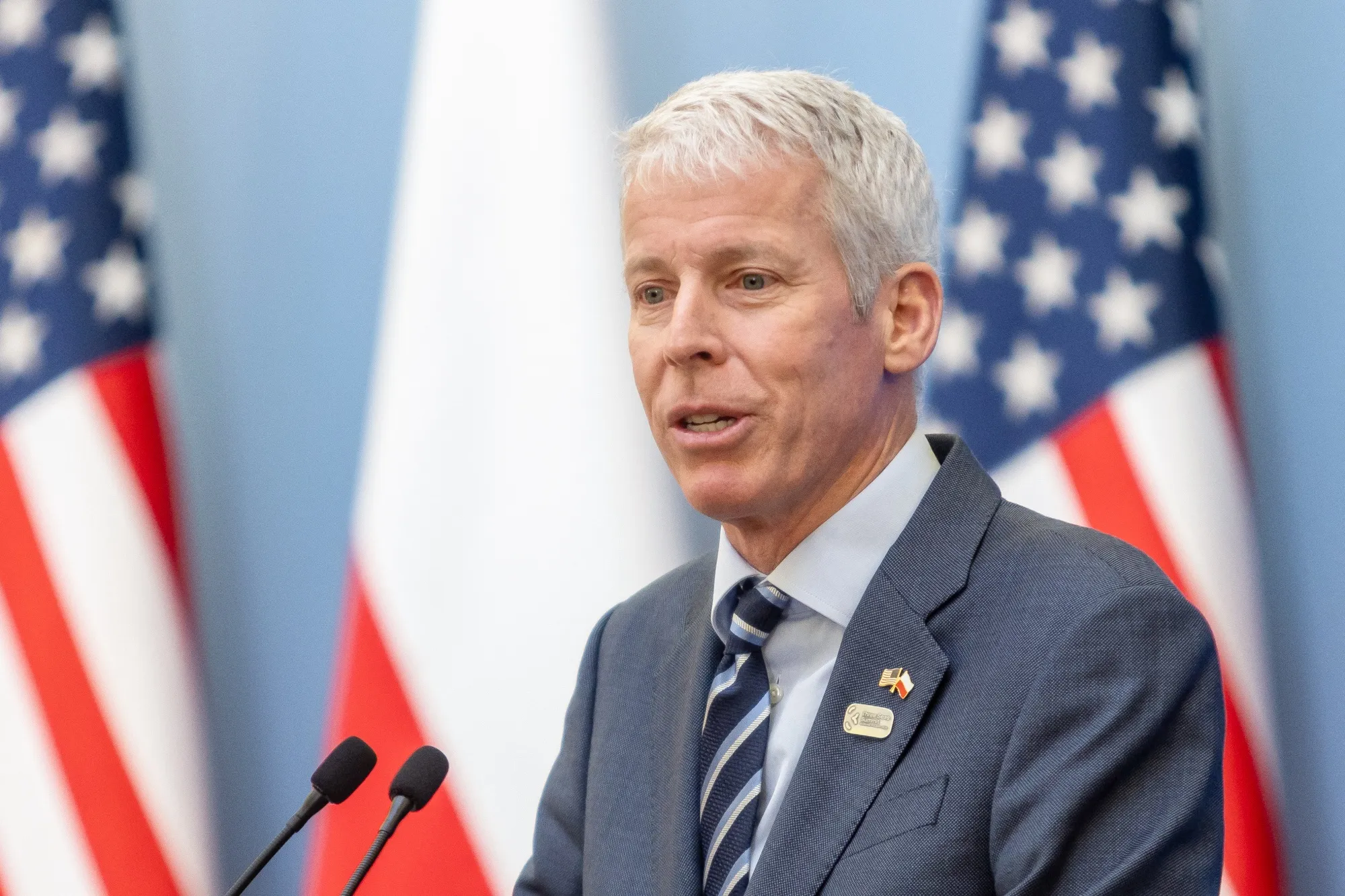 Chris Wright speaks during a press conference before the&nbsp;Three Seas Initiative Summit in Warsaw, Poland, on April 28.
