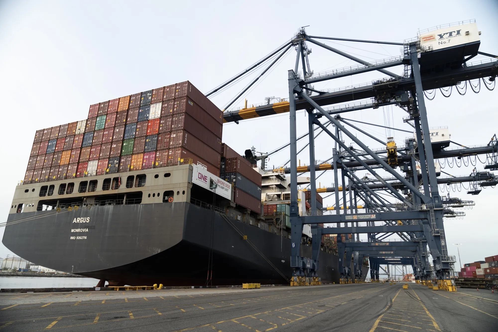 A cargo ship docked at the Yusen container terminal at the Port of Los Angeles.