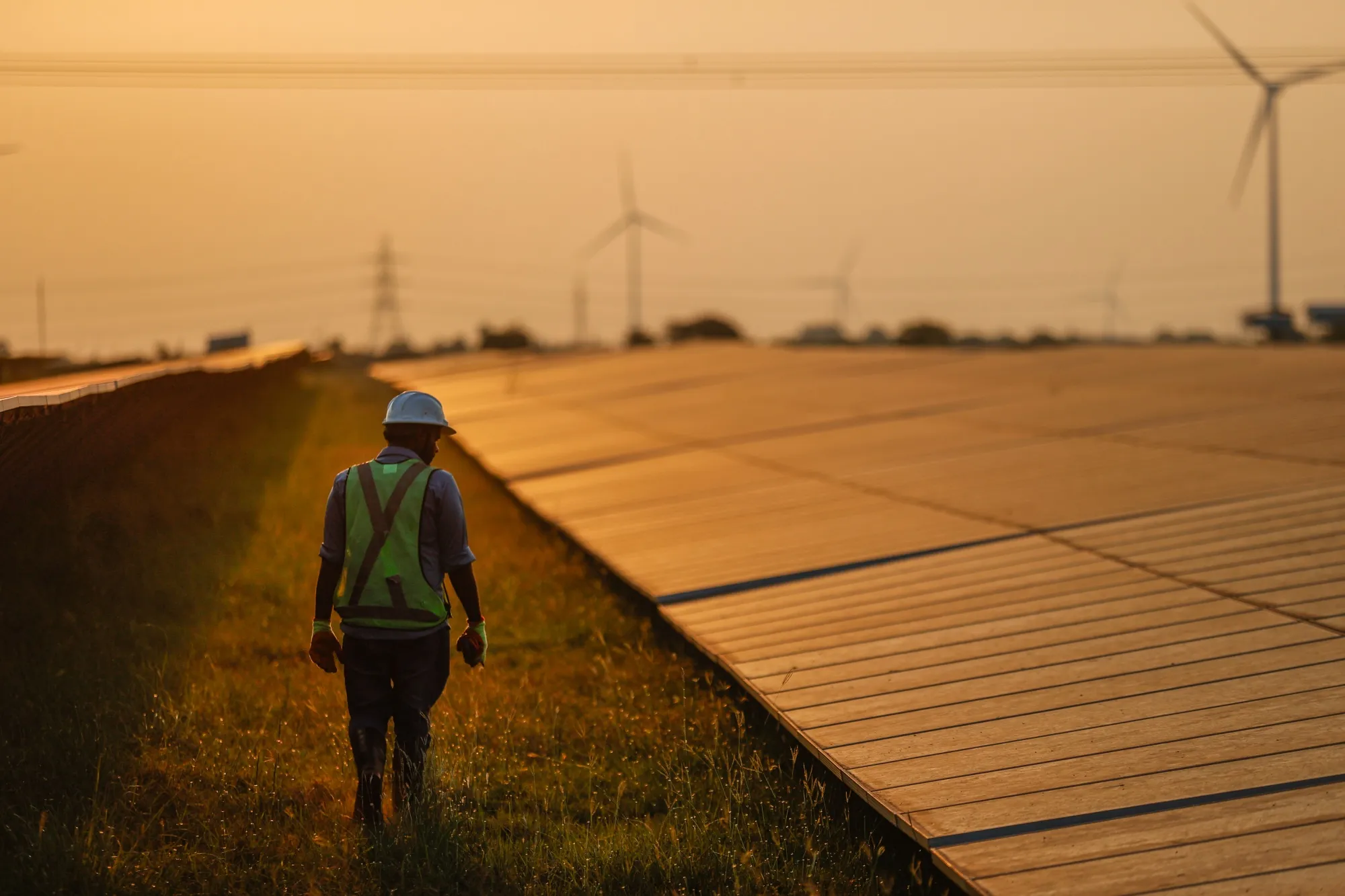 A maintenance worker inspects solar panels at a power plant operated in southern India.&nbsp;