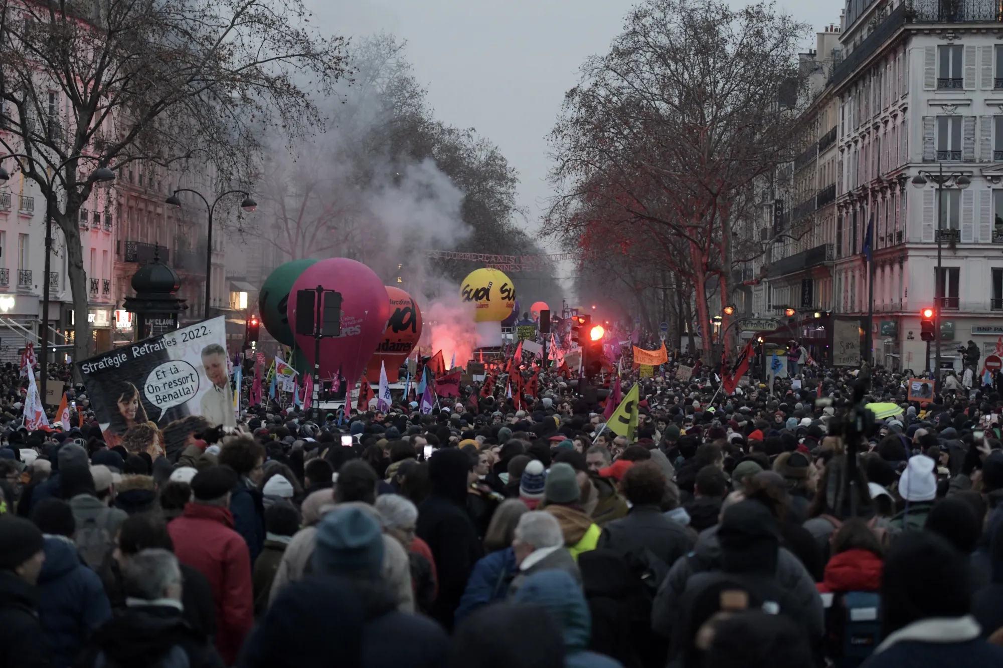 Demonstrators during a national strike against government plans to revamp the pension system, in Paris, on Jan. 19.