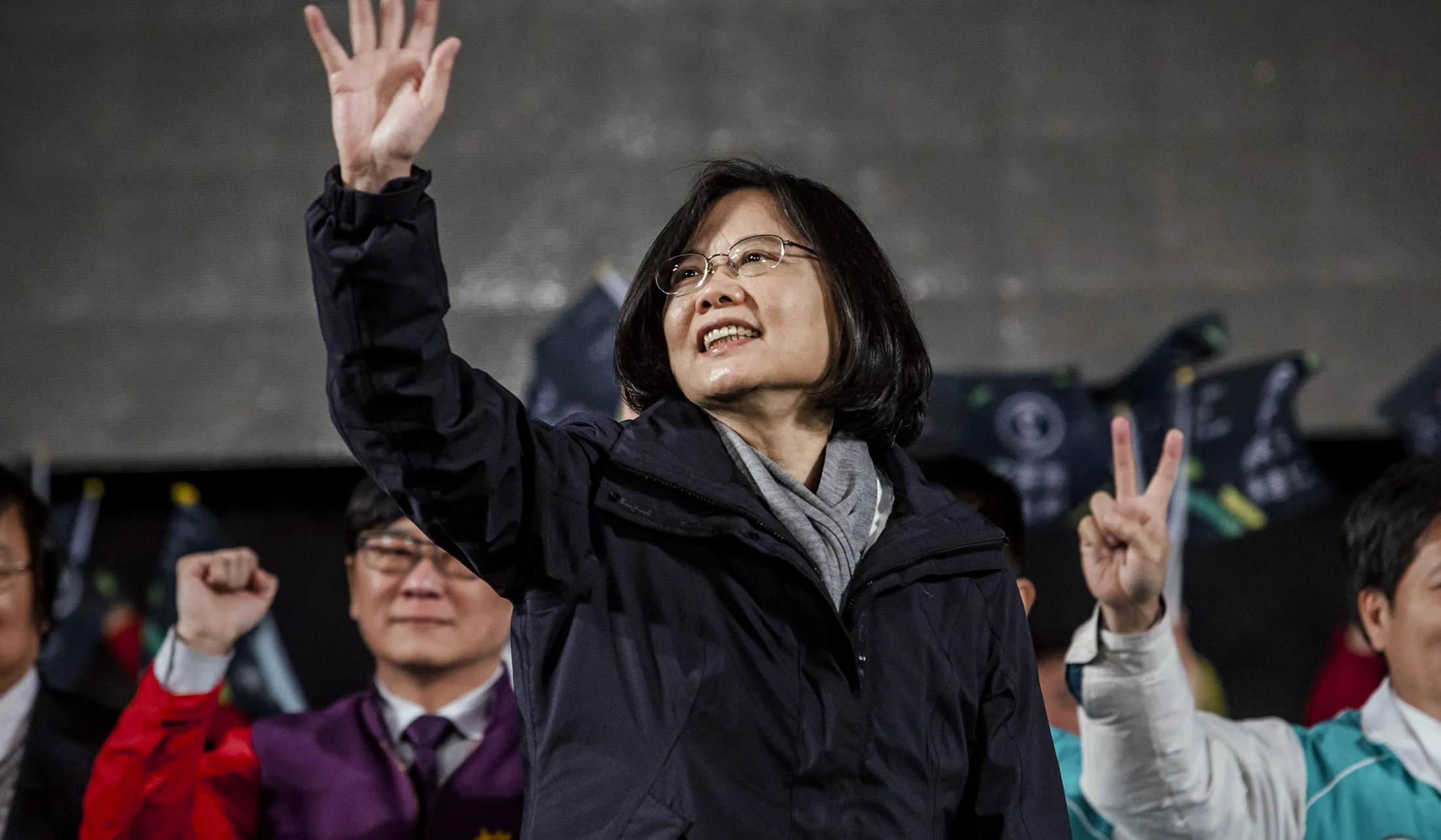 Tsai Ing-wen waves to supporters during rally in Taoyuan, Taiwan, on Jan. 14.
