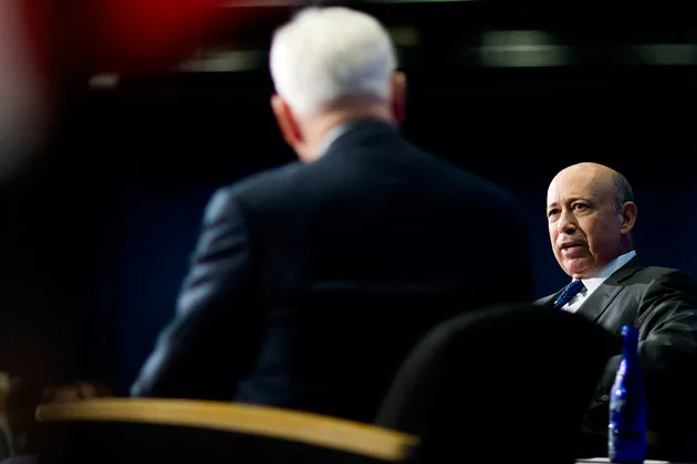 Lloyd Blankfein (right), chairman and chief executive officer of Goldman Sachs, speaks to the Economic Club in Washington, D.C.