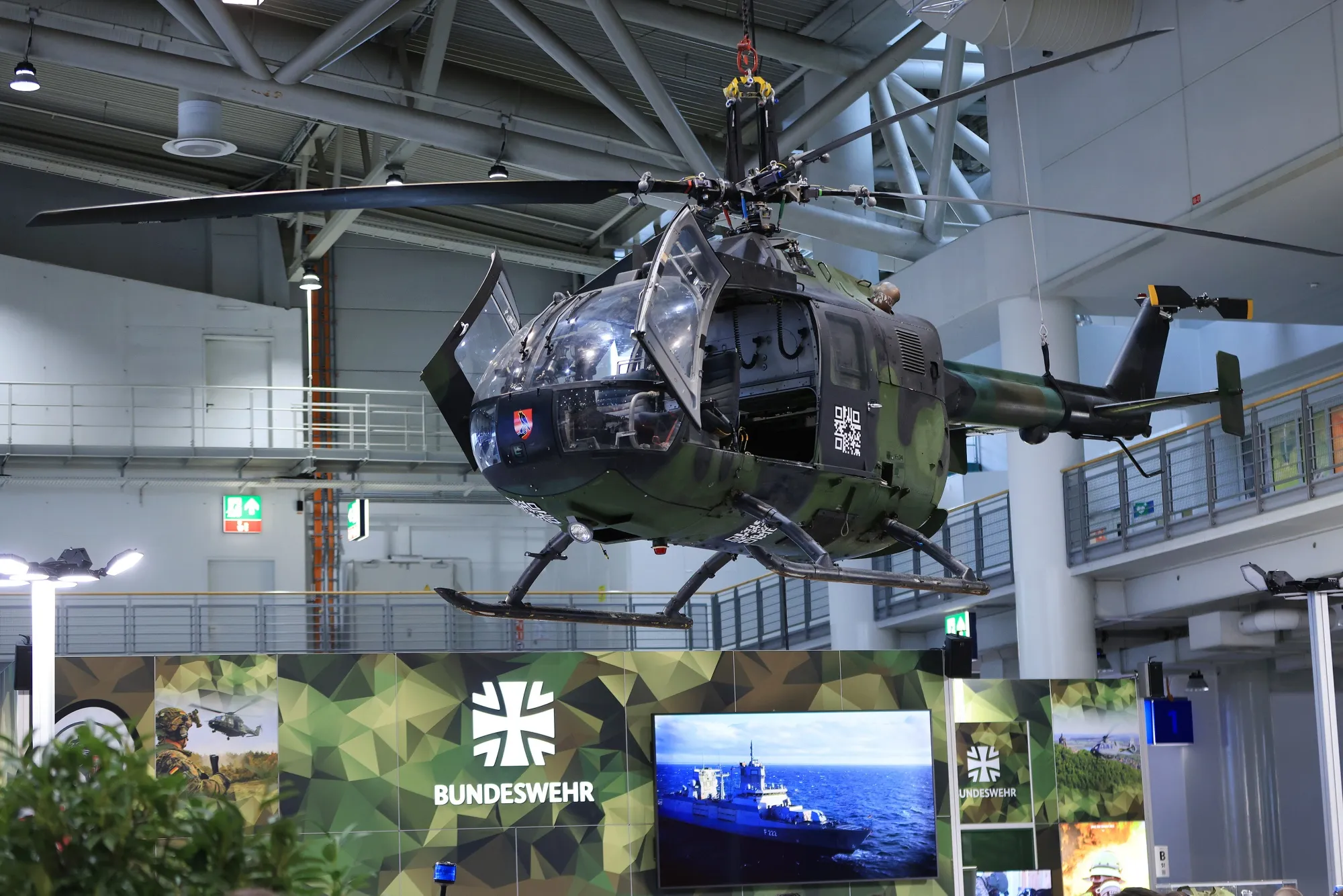 A helicopter presentation by the Bundeswehr, German armed forces, during the Hannover Messe 2025 trade fair in Hannover.
