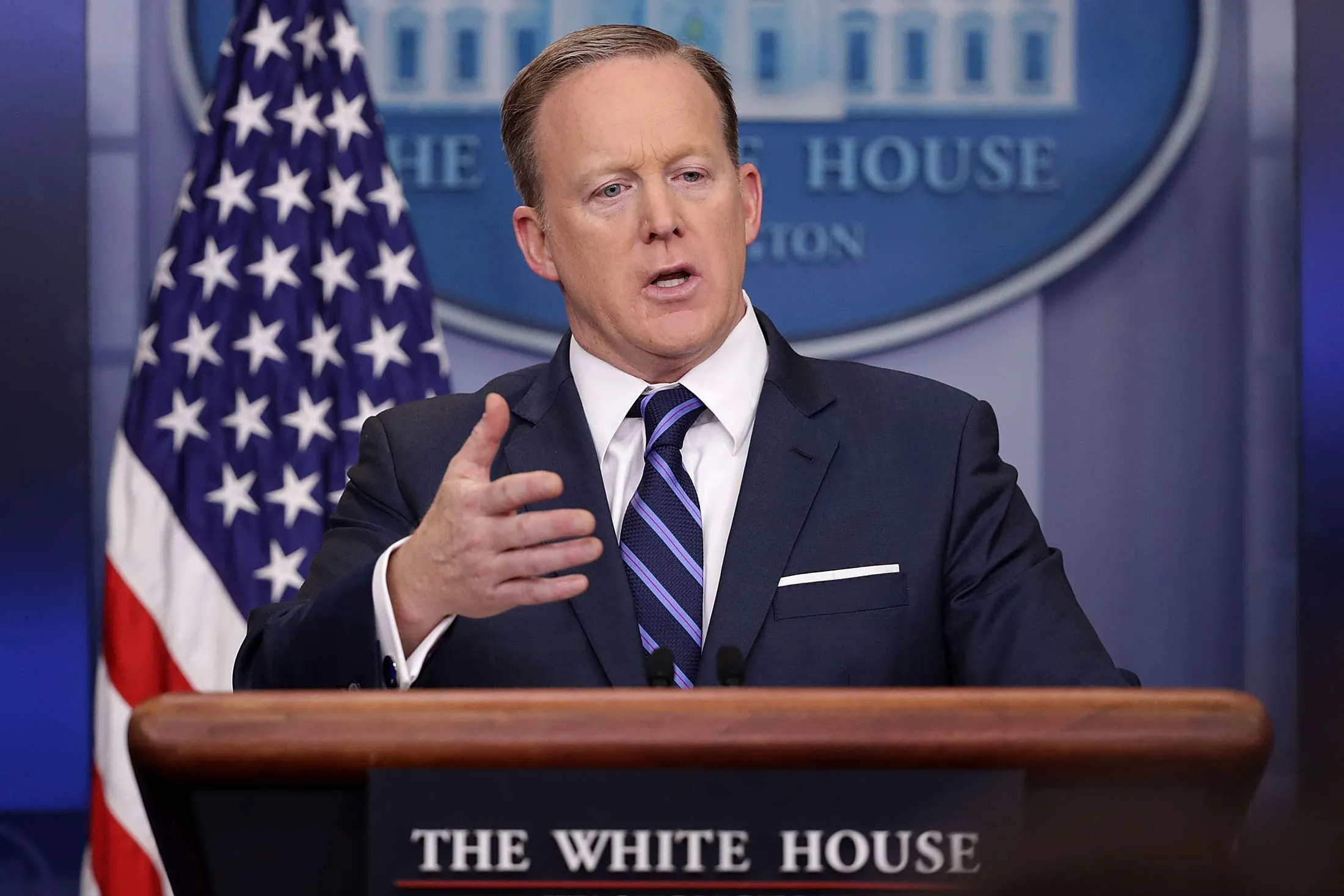 White House Press Secretary Sean Spicer conducts the daily press briefing at the White House on Friday, March 31.
