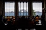 The Grand Teton National Park mountain range is seen from the Jackson Lake Lodge in Moran, Wyoming.