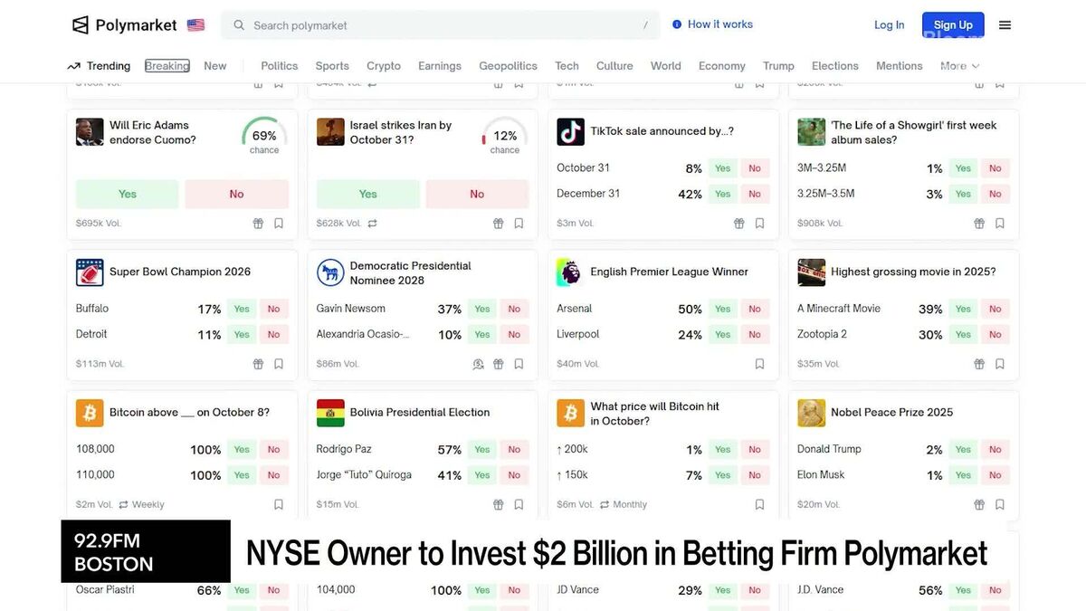 NYSE Owner to Invest $2 Billion in Betting Firm Polymarket