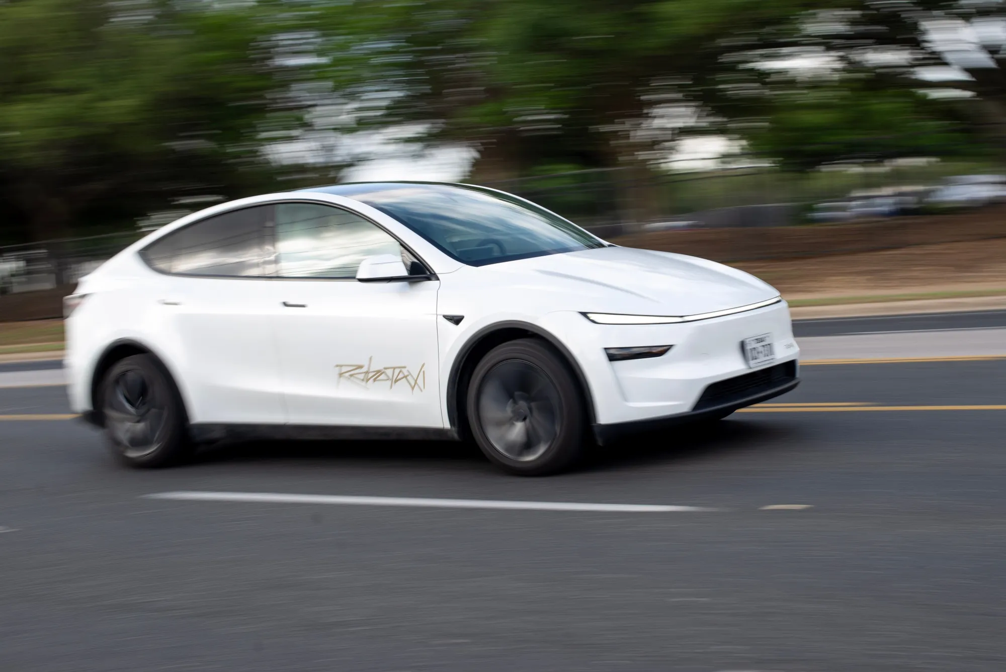 A vehicle Tesla is using for robotaxi testing purposes on Oltorf Street in Austin, Texas.