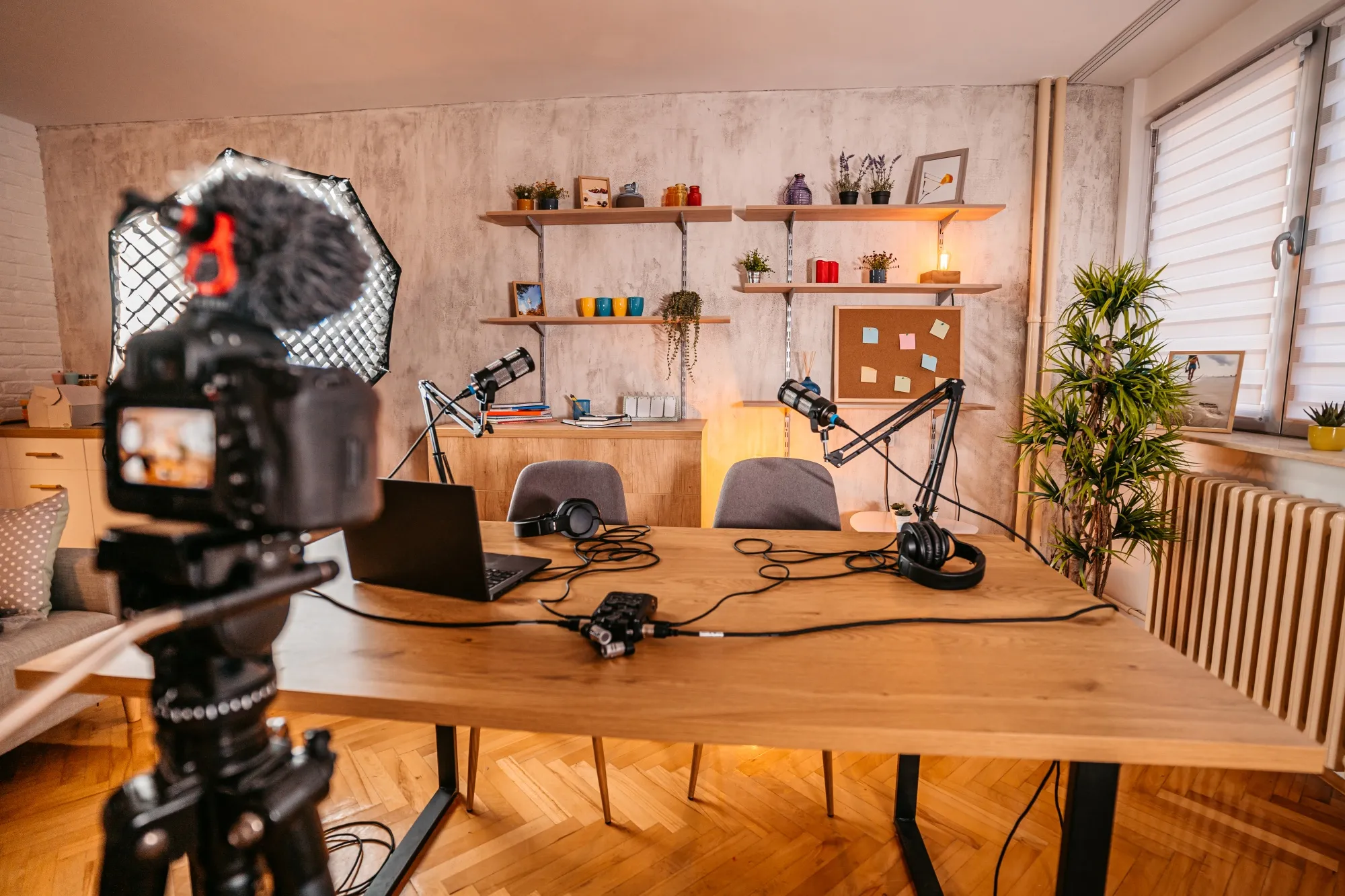 Podcast studio with audio, recording equipment and technology.