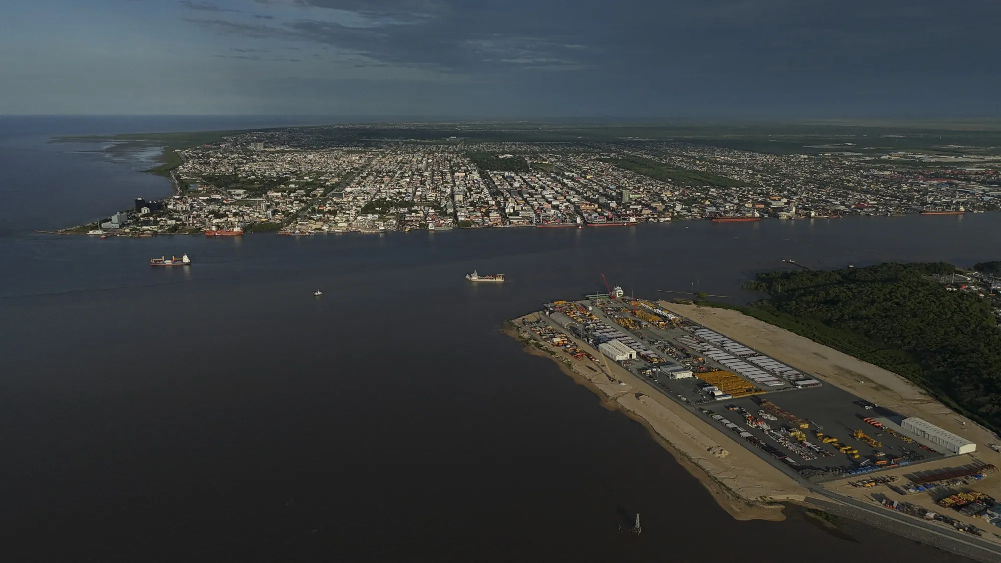 An aerial view of Guyana Shore Base in Georgetown, a service hub for Exxon’s operations in the Stabroek exploration block.