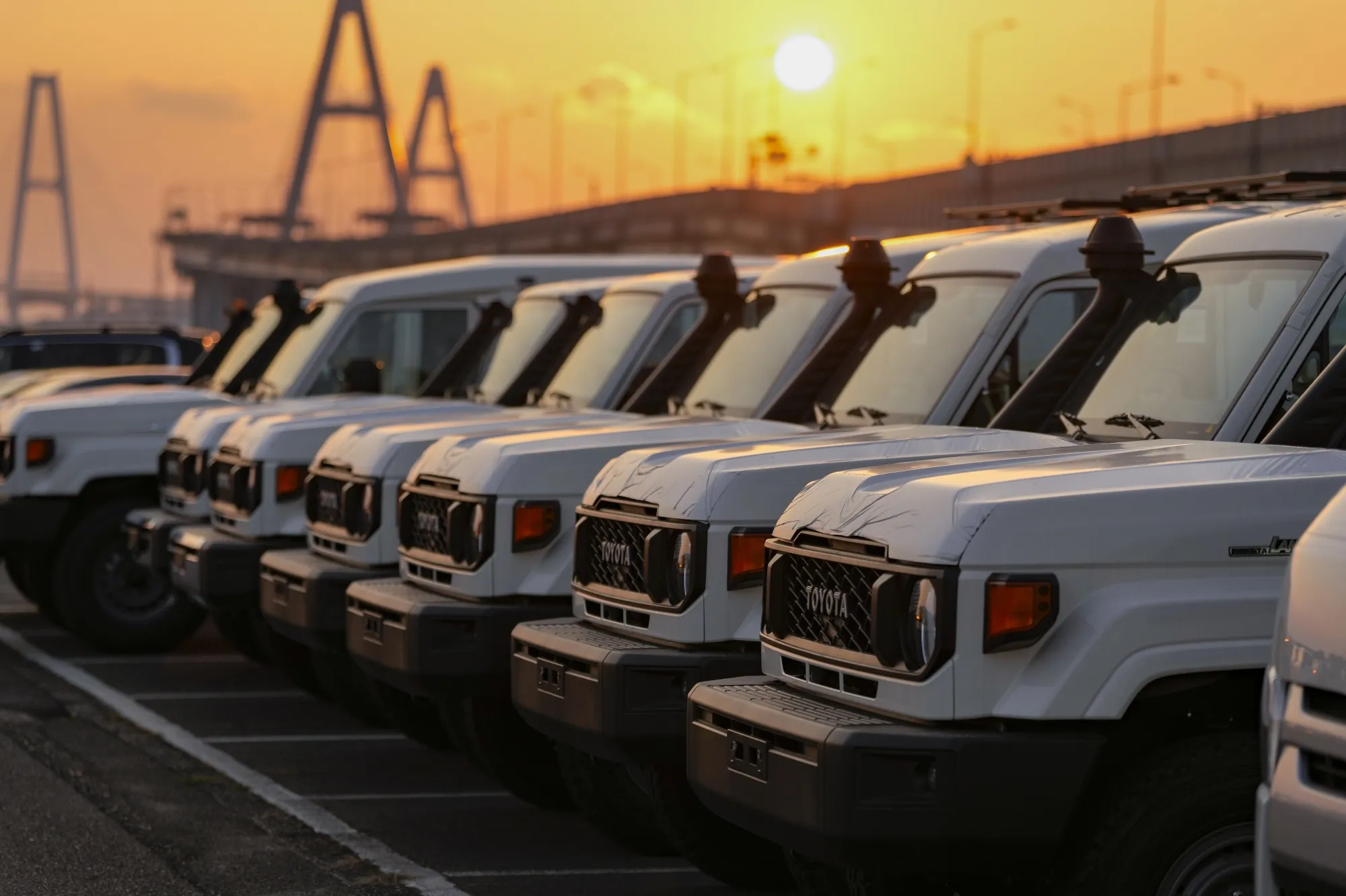 Toyota Land Cruiser 70 vehicles bound for shipment at the Port of Nagoya in Tokai, Aichi Prefecture, Japan.