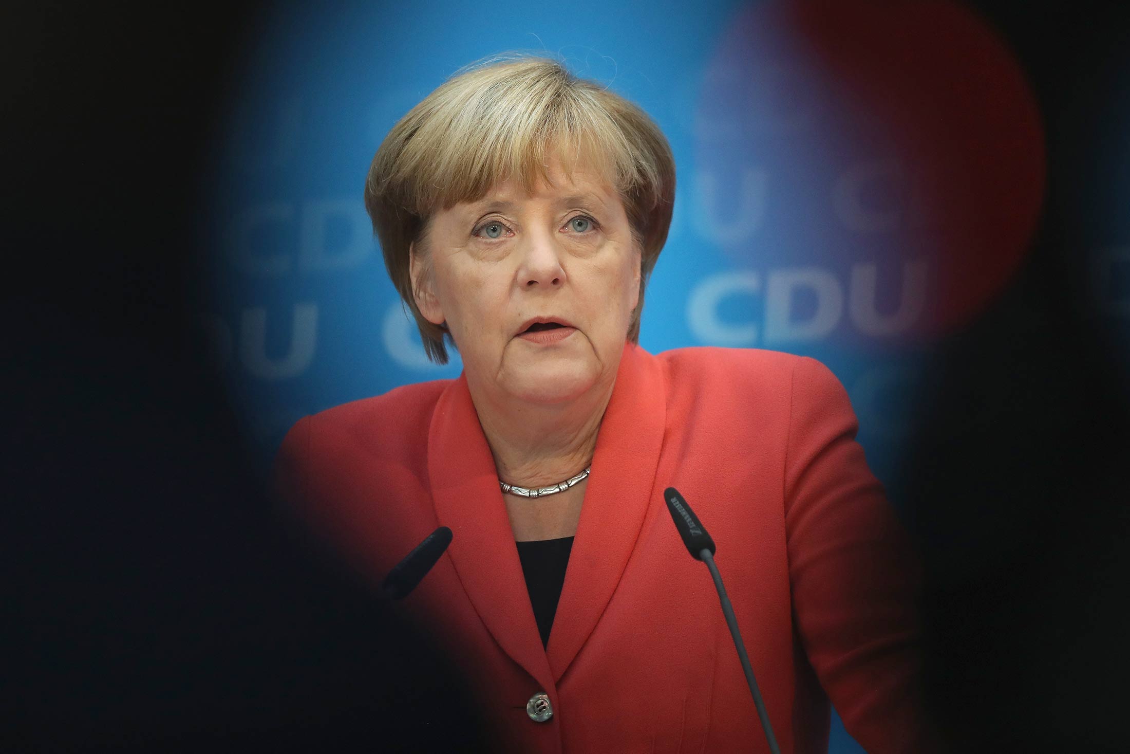 German Chancellor and Chairwoman of the German Christian Democrats (CDU) Angela Merkel speaks to the media the day after Berlin state elections on Sept. 19, in Berlin.
