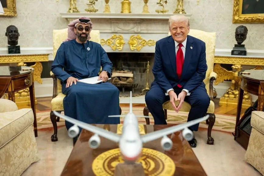In this photograph distributed by the&nbsp;Abu Dhabi Media Office, Sheikh Tahnoon bin Zayed Al Nahyan and Donald Trump meet at the White House&nbsp;on March 18.