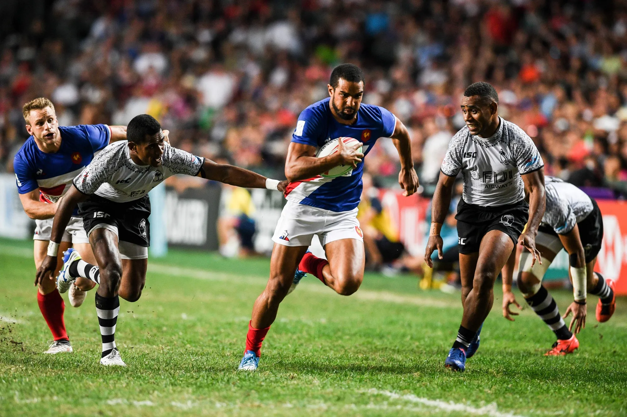 Samuel Alerte of France runs against Fiji at the Hong Kong Sevens rugby tournament in April 2019.