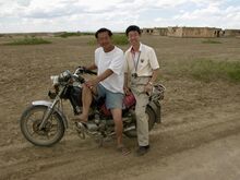 Shan (right) on his return to Lake Wuliangsu in the Gobi in July 2005.