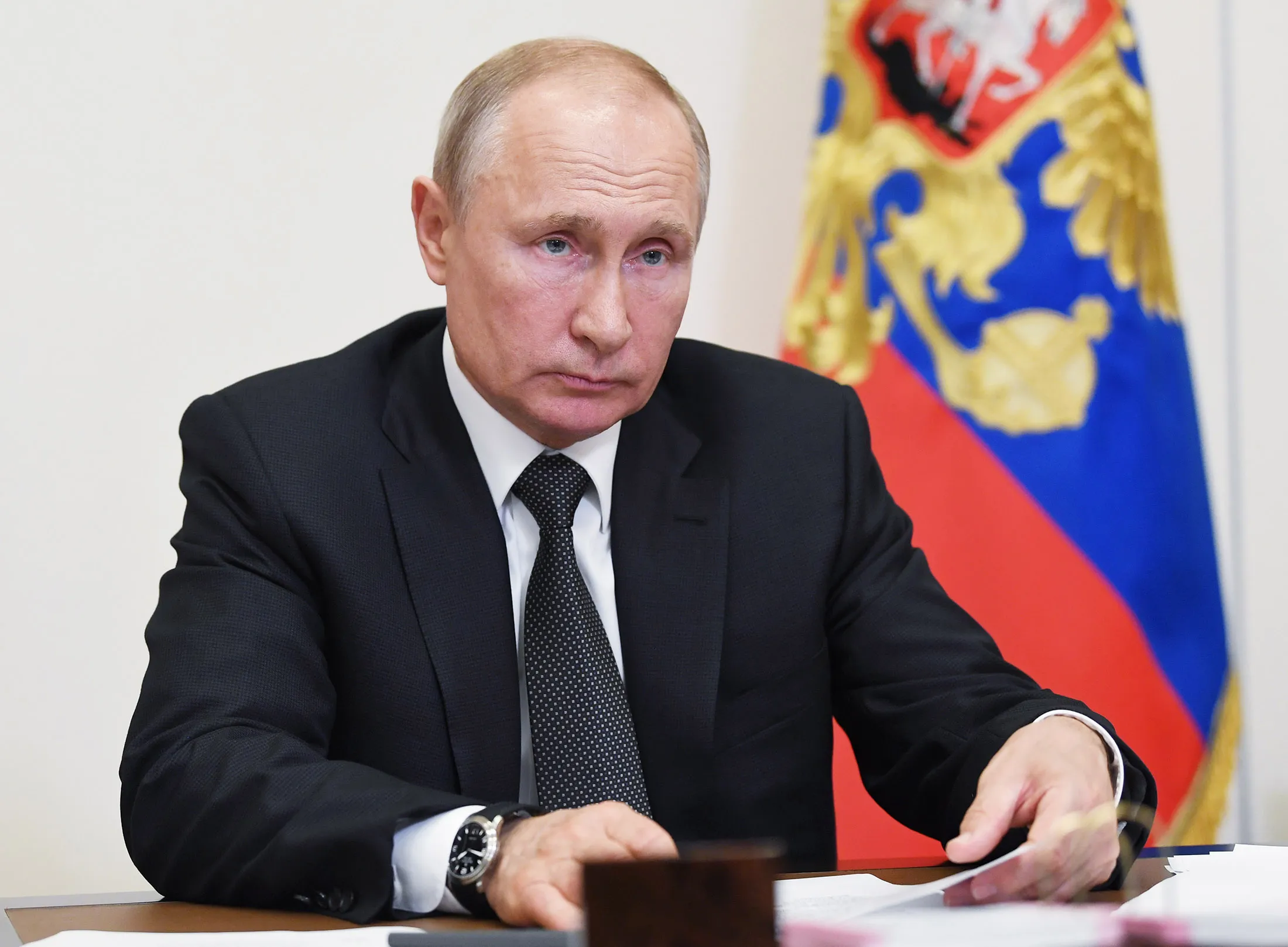 Vladimir Putin attends a teleconference meeting on May 18.