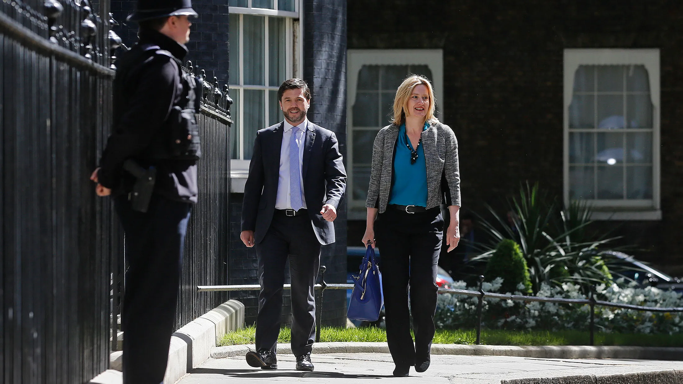 Amber Rudd, U.K. energy secretary, right, and Stephen Crabb, U.K. secretary of state for Wales, arrive for the first weekly cabinet meeting of the new Conservative government in London, on May 12, 2015.
