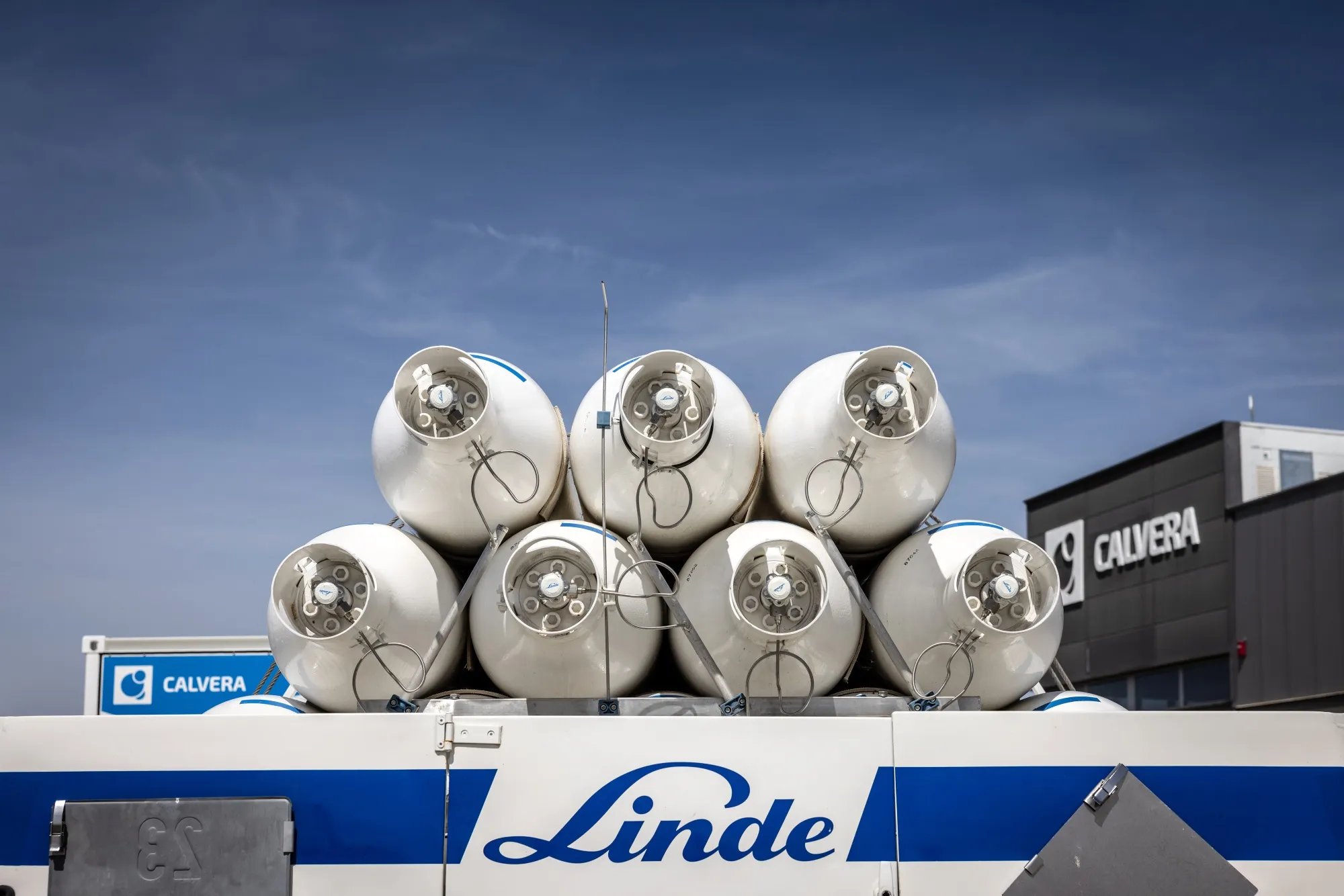The Linde logo on a hydrogen tube trailer at the Calvera Hydrogen plant in Zaragoza, Spain.