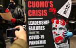 Demonstrators hold an altered version of Cuomo’s book cover outside of his office during protest in New York on March 1.