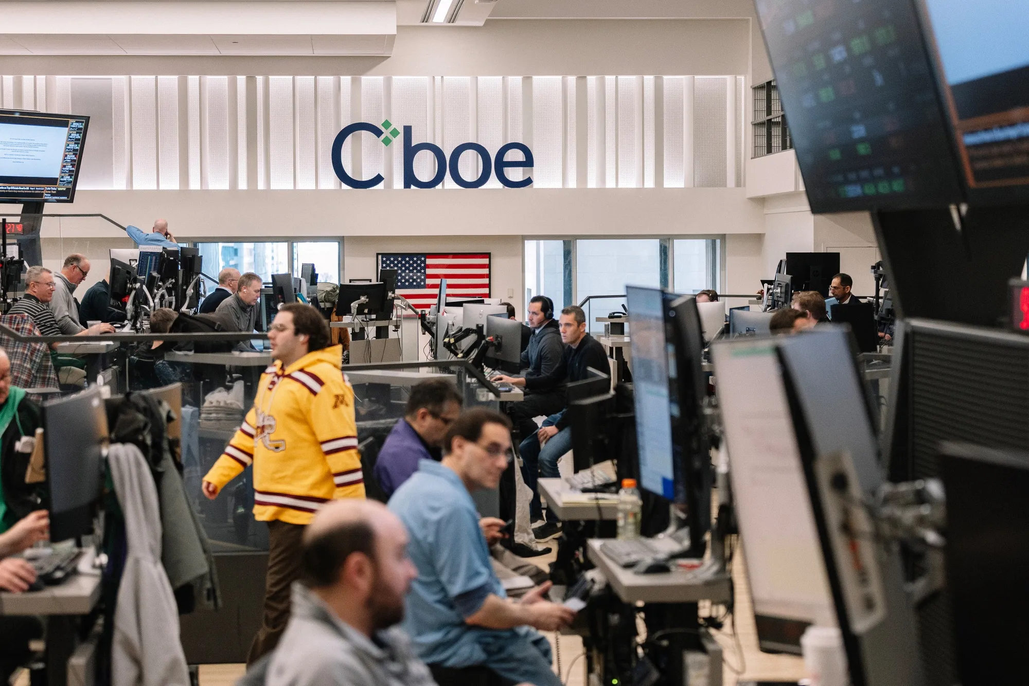 Traders work in the Cboe Volatility Index (VIX) options pit at the Cboe Global Markets exchange in Chicago,