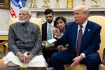 US President Donald Trump, right, and Narendra Modi, India's prime minister, during a meeting in the Oval Office of the White House in Washington, DC, US, on Thursday, Feb. 13, 2025. The head of the world’s most populous nation faces a minefield in negotiations with Trump, who has signaled that India remains a potential tariff target despite a deepening partnership between the two countries.