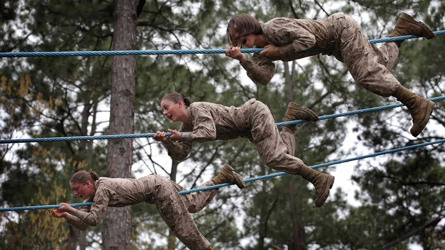 Marine recruits navigate an obstacle on the Confidence Course during boot camp on Feb. 27, 2013, at MCRD Parris Island, South Carolina.
