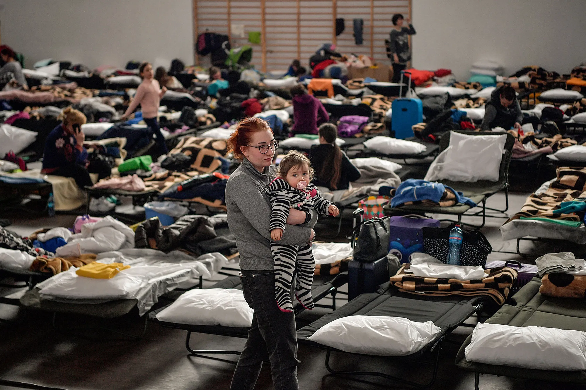 A temporary shelter at a gym of a primary school in Przemysl, near the Polish-Ukrainian border, on March 12.&nbsp;