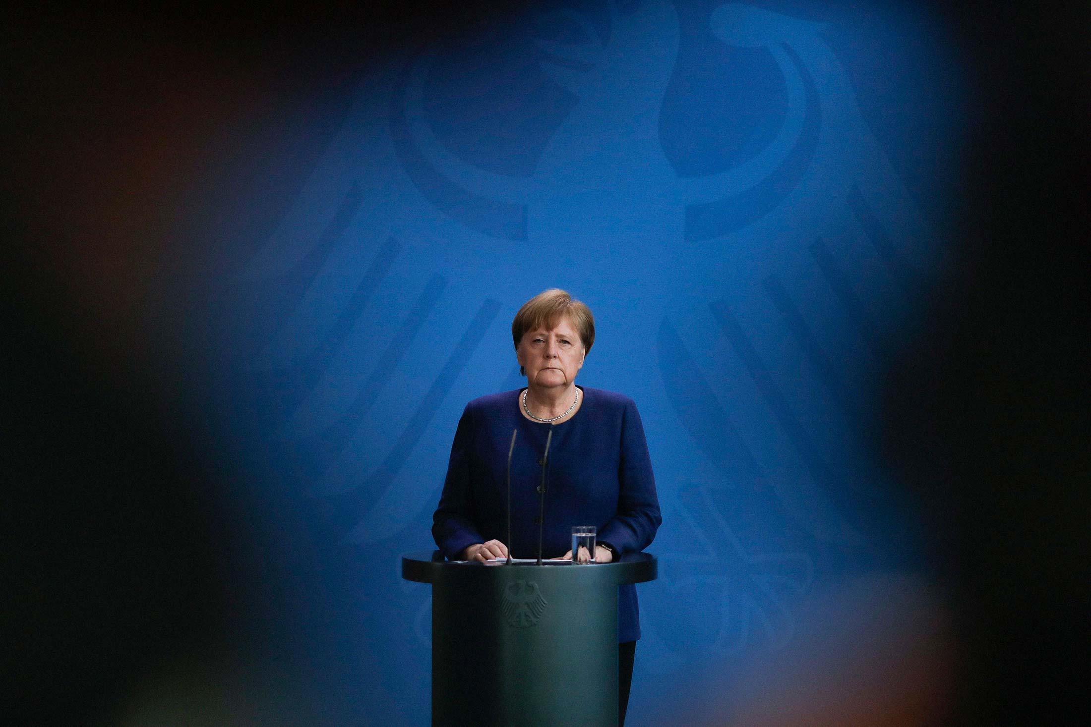 Chancellor Angela Merkel briefs the media about the German government’s measures to avoid further spread of the coronavirus on April 6 in Berlin.
