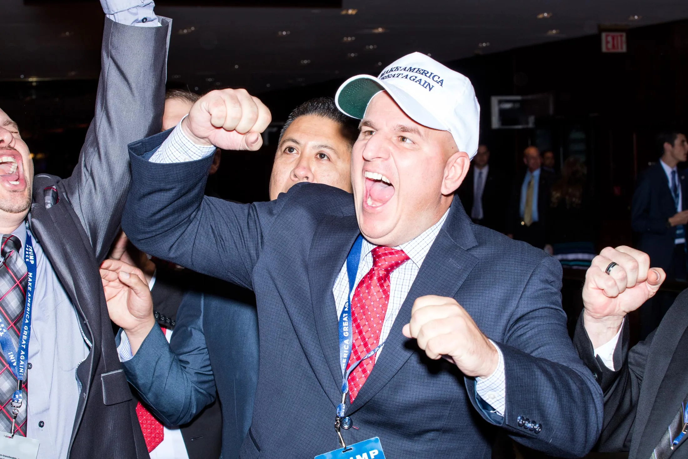 Brandon Judd, president of the National Border Patrol Council, celebrates as results are announced in favor of Trump.

