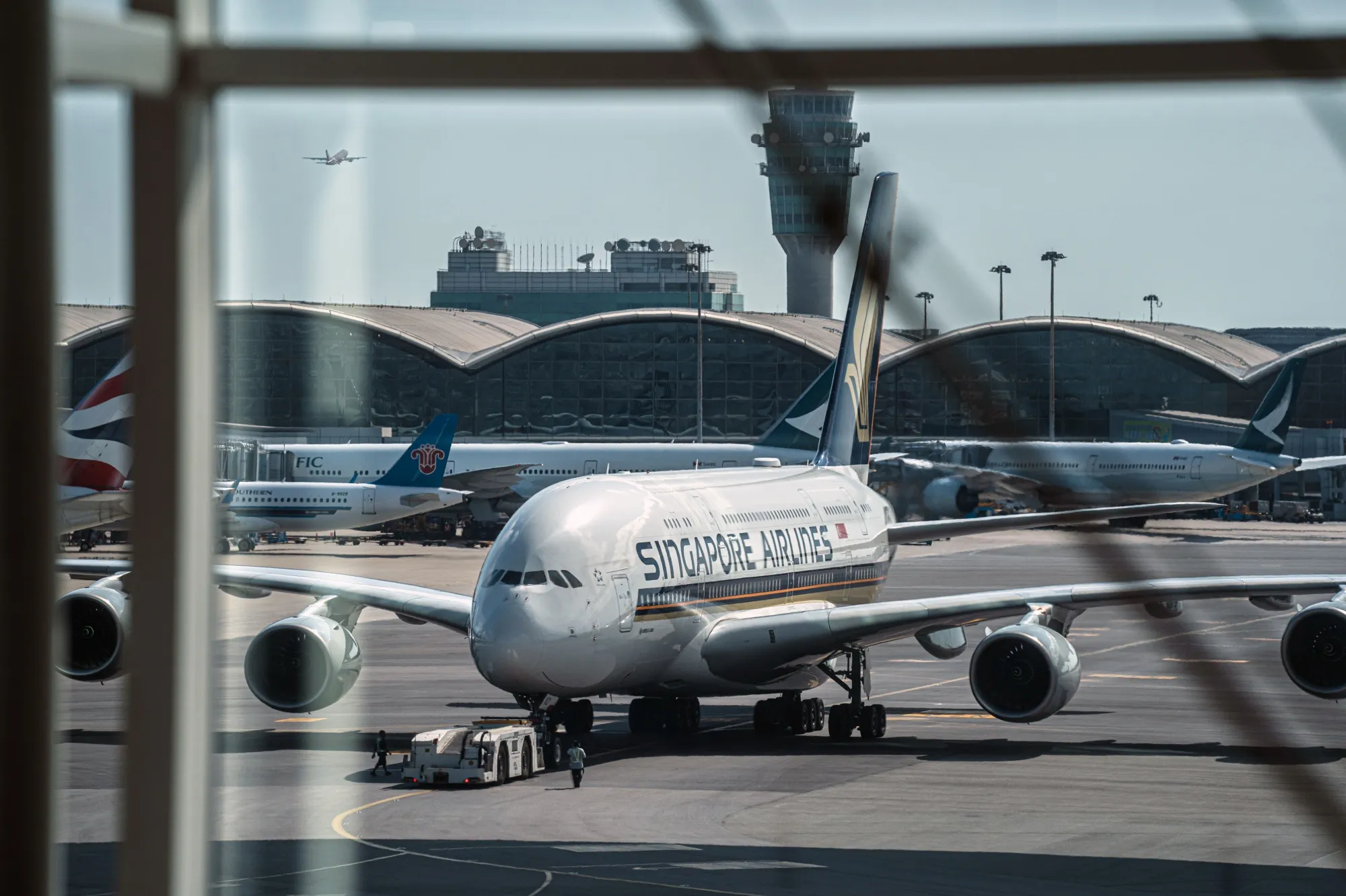A Singapore Airlines Ltd. aircraft at Hong Kong International Airport in Hong Kong, China.