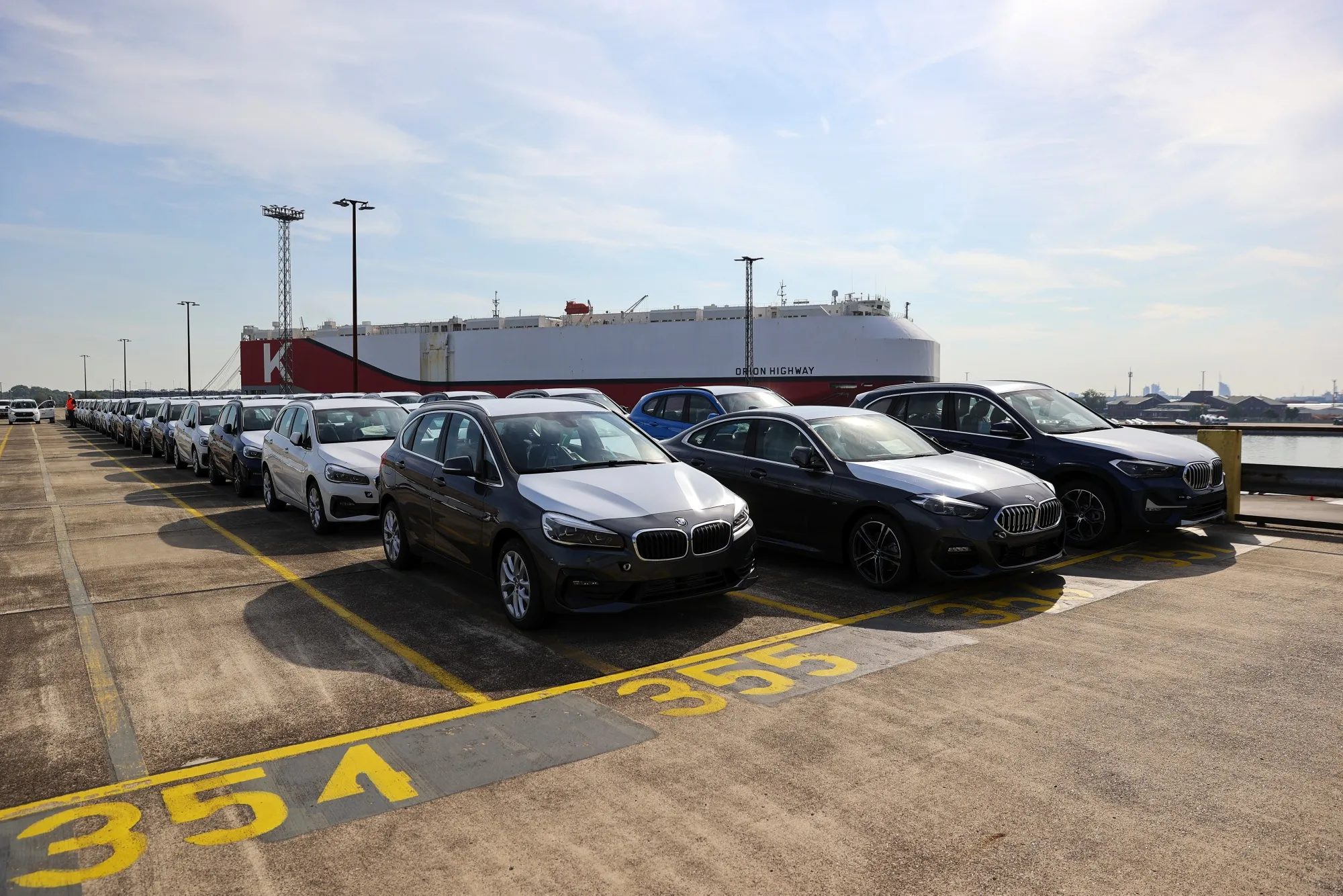 New BMW vehicles await export at the Port of Bremerhaven in Germany.