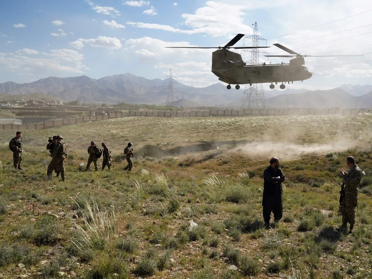A U.S. Army Chinook lands outside the governor's palace in Maidan Shar, capital of Wardak province.
