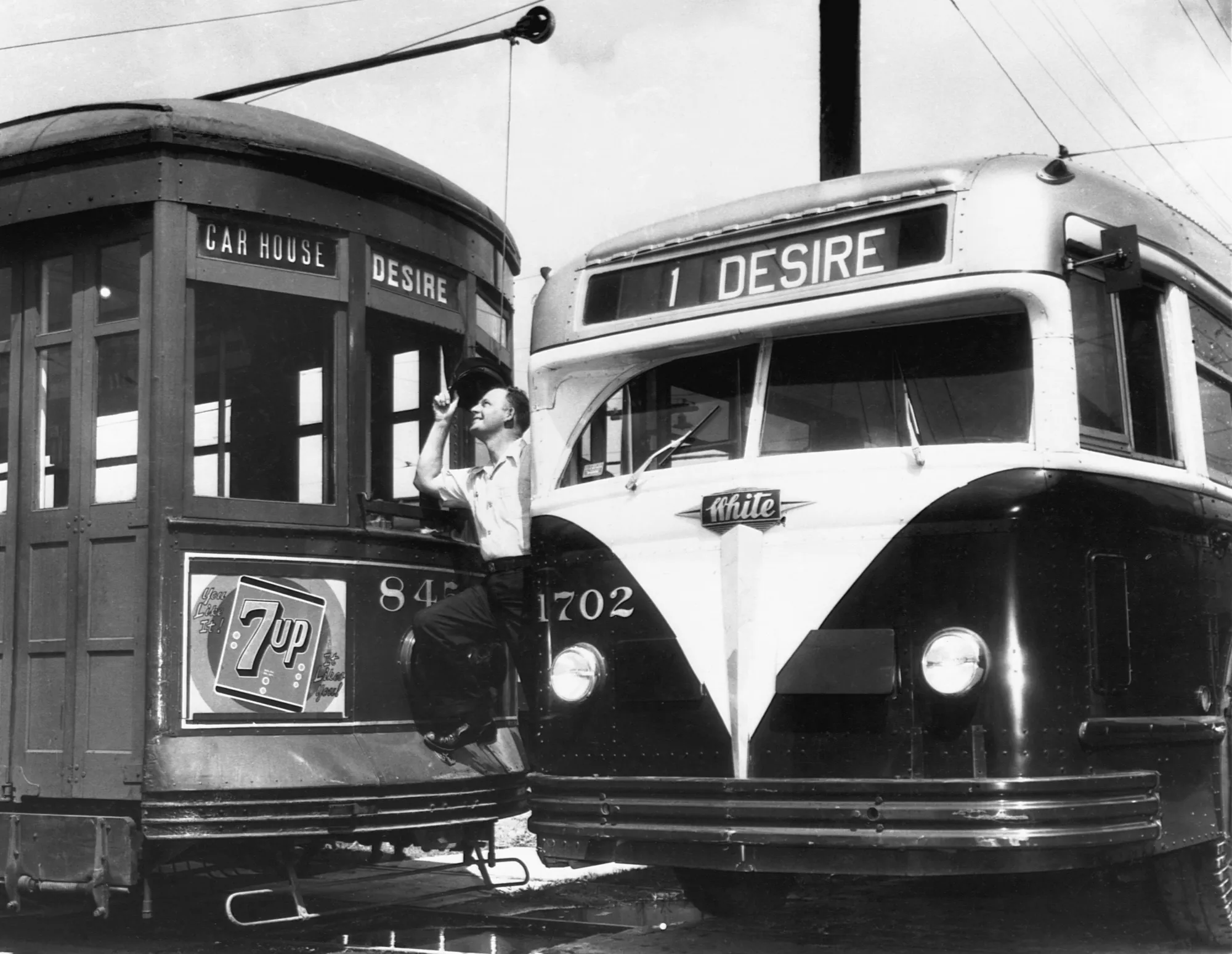 A New Orleans bus driver tips his hat to the streetcar he replaced in 1948. Only a fraction of the city’s historic streetcar network survived, but in recent years the city opened two new lines. 