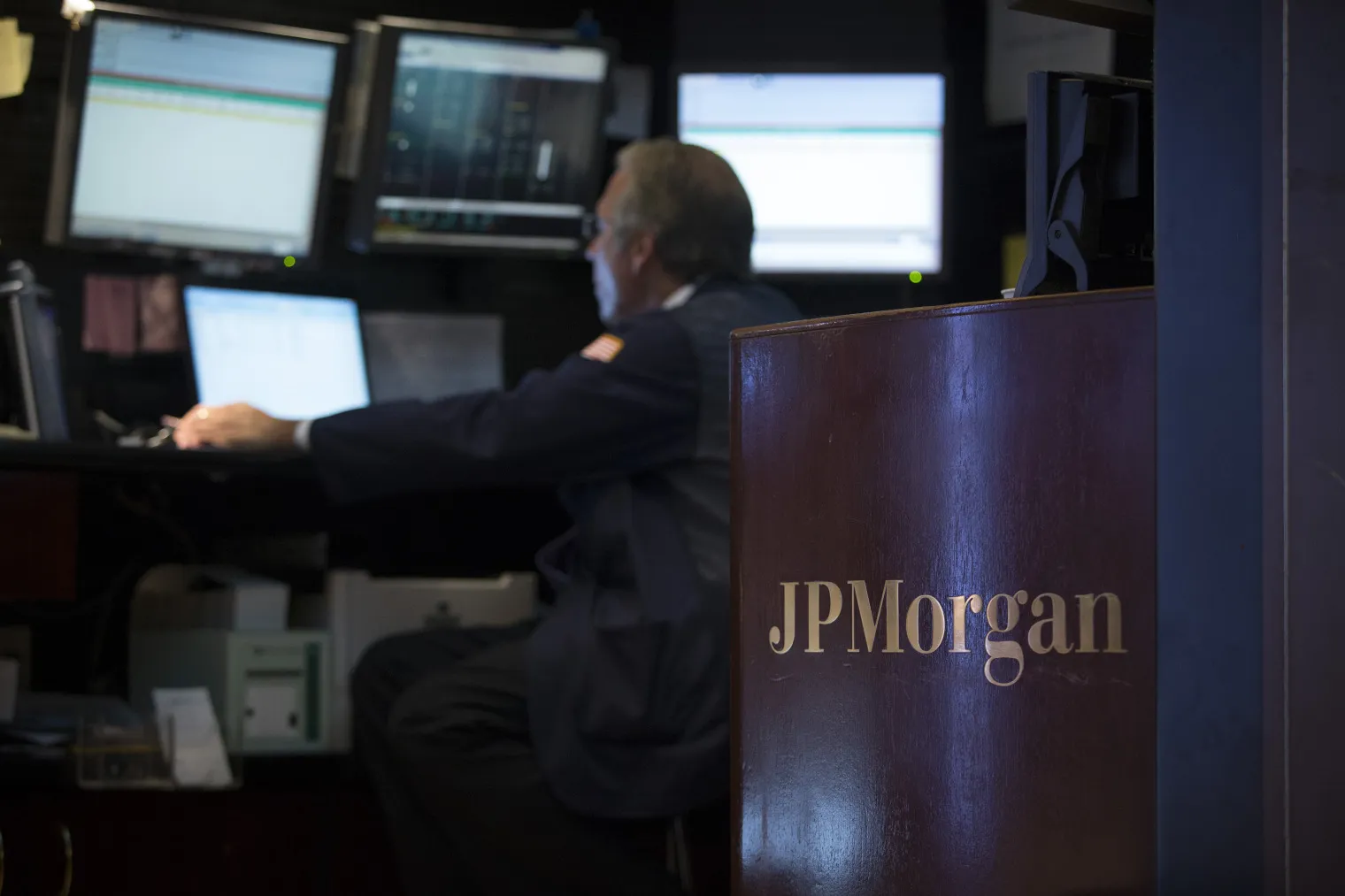 The JPMorgan logo is displayed on the floor of the New York Stock Exchange (NYSE) in New York, U.S.