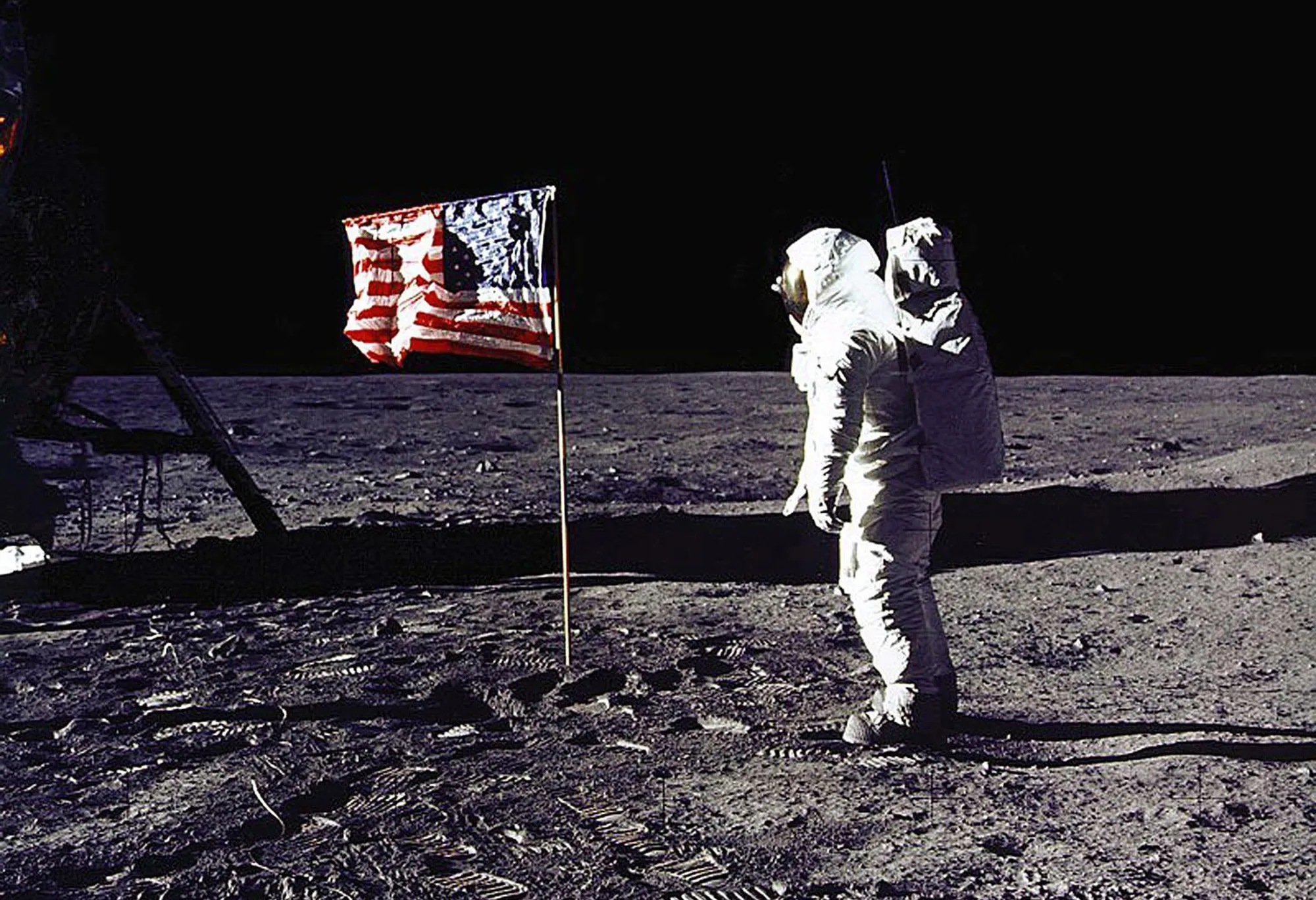 Astronaut Edwin E. "Buzz" Aldrin, Jr. saluting the U.S. flag on the surface of the Moon during the Apollo 11 lunar mission on July 20, 1969.