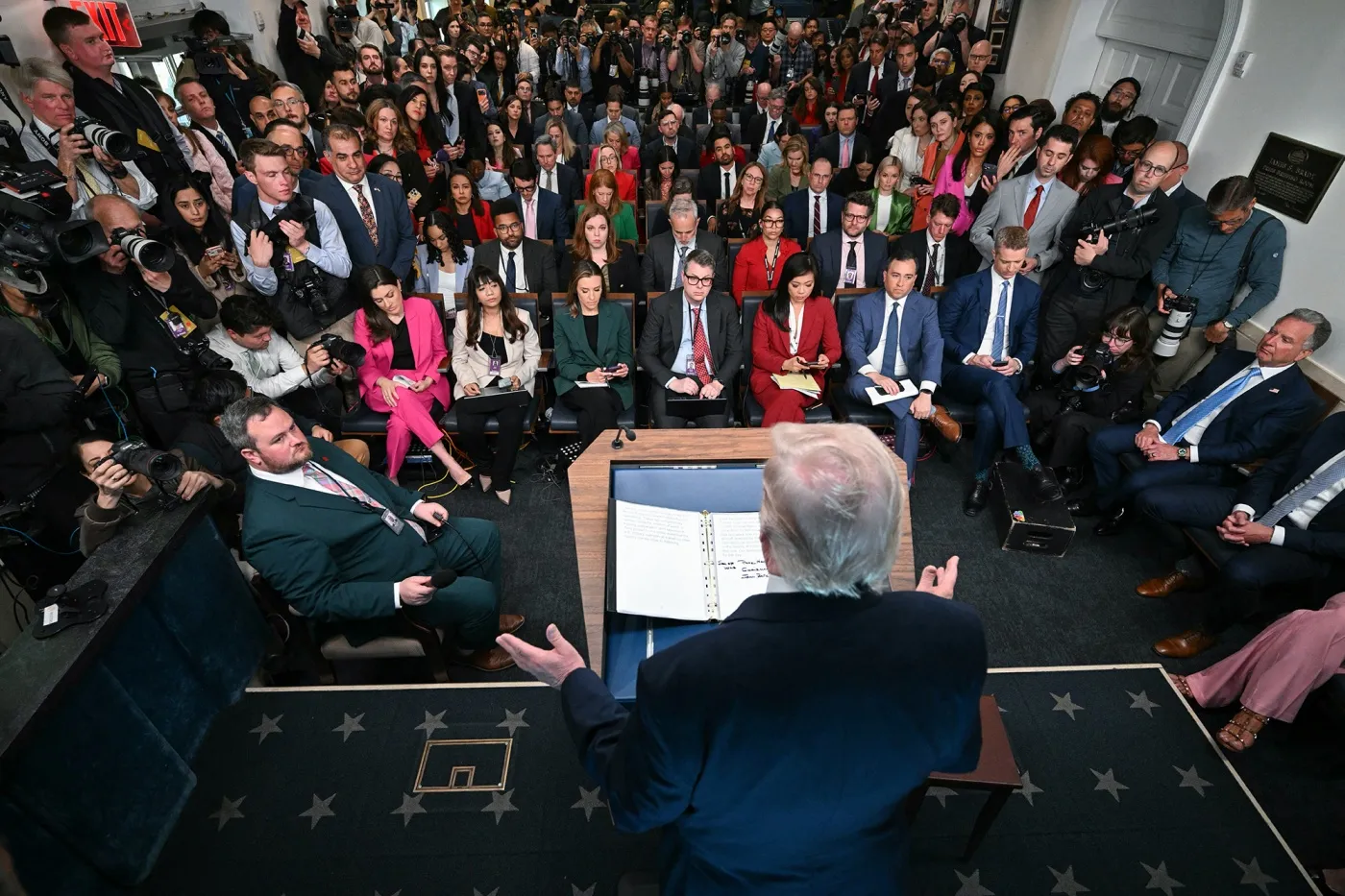 President Donald Trump speaks about the conflict in Iran in the James S. Brady Press Briefing Room of the White House in Washington on April 6.