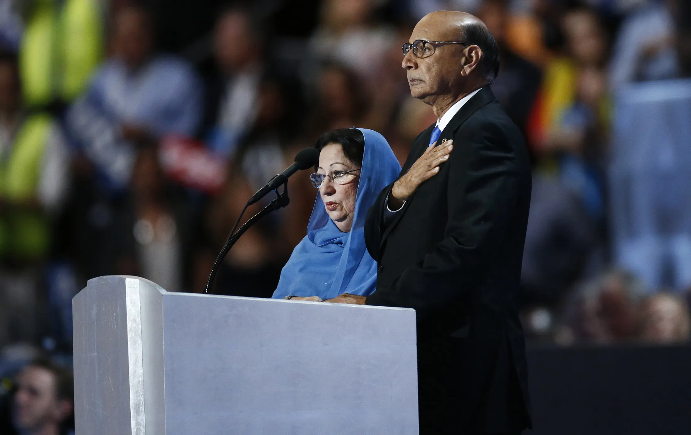 Khizr Khan, father of fallen soldier Humayun S. M. Khan, gestures while speaking during the convention in Philadelphia, on July 28, 2016.
