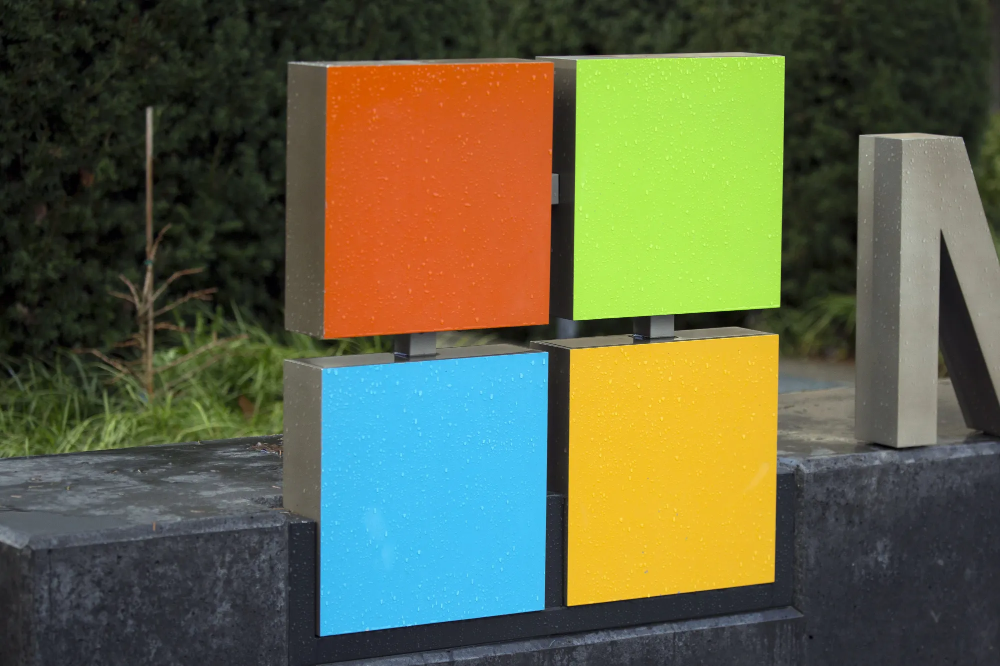 The Microsoft Corp. logo is displayed outside the company's main campus in Redmond, Washington, U.S.