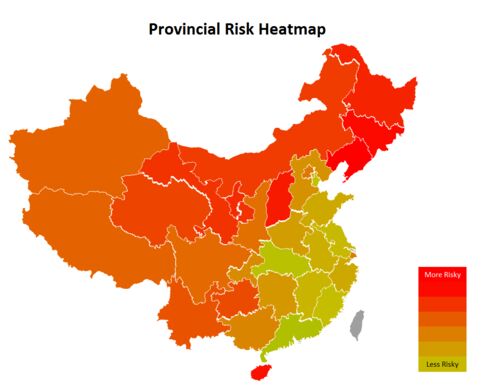 彭博中国地区风险分析地图(颜色越深,代表该省债务风险越高)