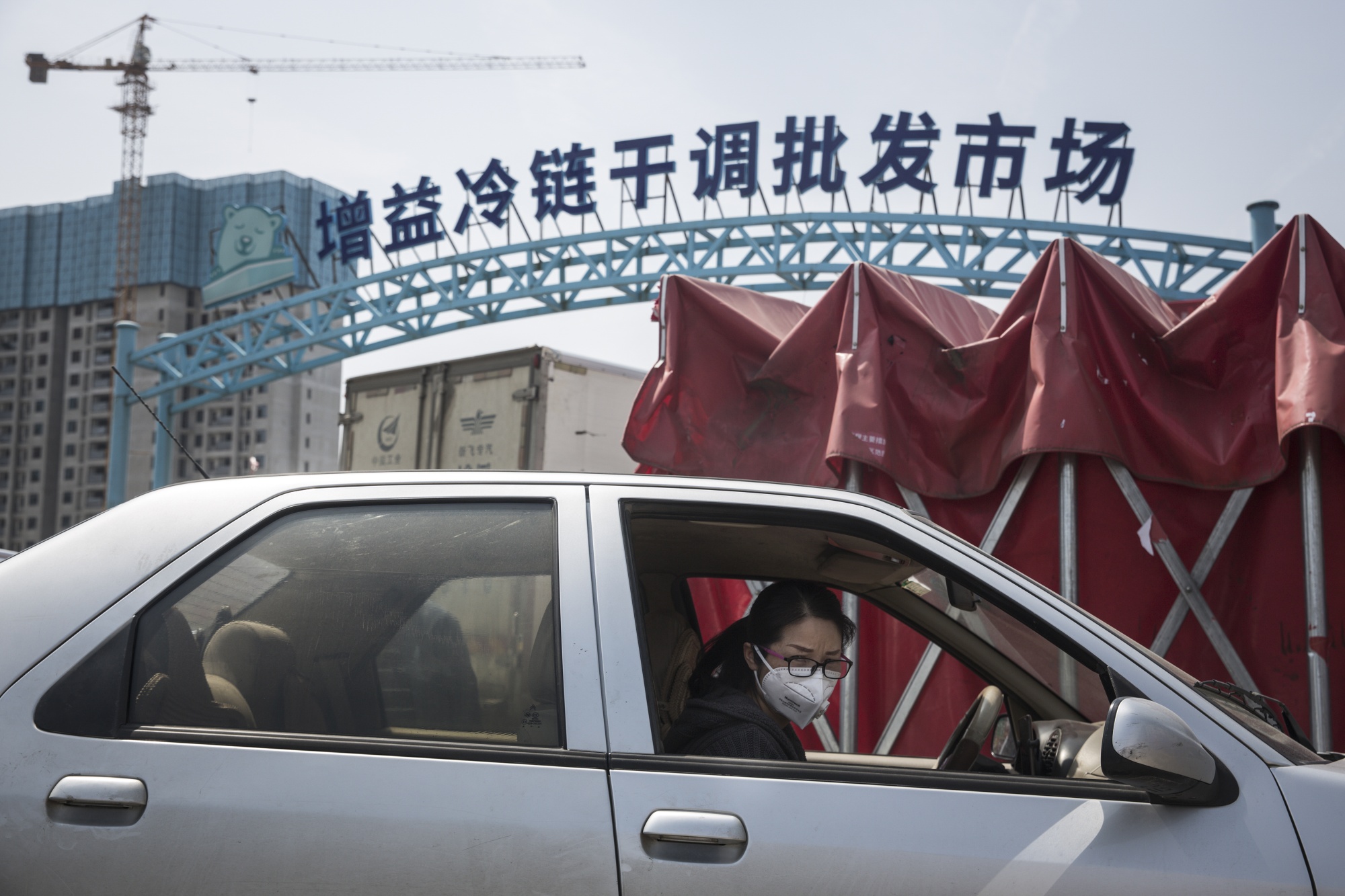 A woman wearing a protective mask sits in her car at the Baishazhou wet market in Wuhan, Hubei Province, China.