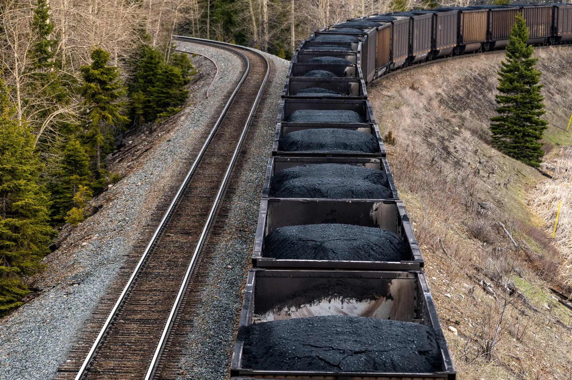 Rail cars loaded with coal near a Teck Resources Elkview Operations steelmaking coal mine in British Columbia.&nbsp;