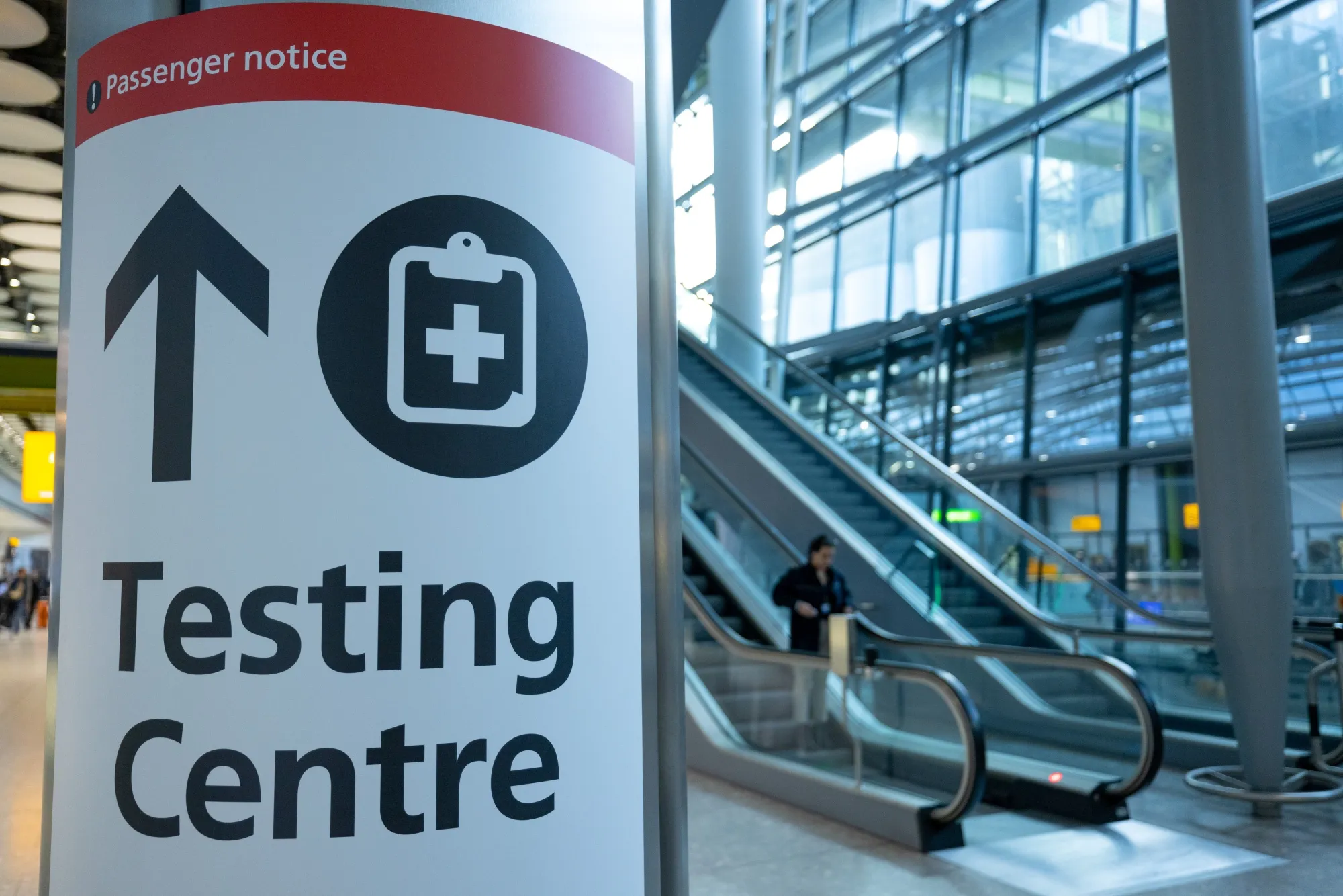 A sign for a Covid-19 testing centre at London Heathrow Airport Ltd. in London,