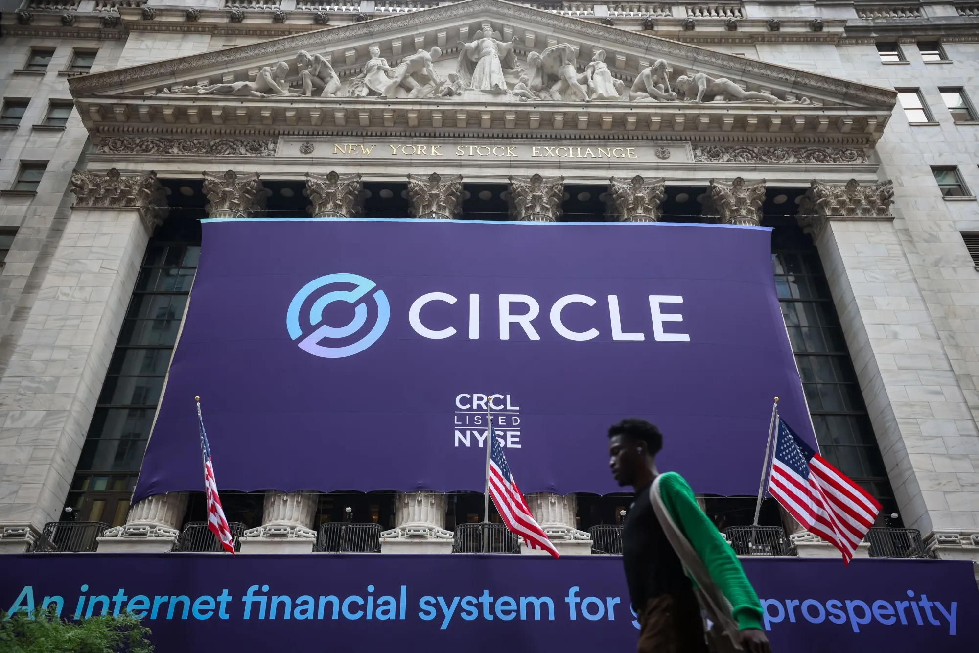 Circle Internet Group Inc.&nbsp;signage in front of the New York Stock Exchange during the company’s initial public offering&nbsp;in New York&nbsp;on&nbsp;June 5.